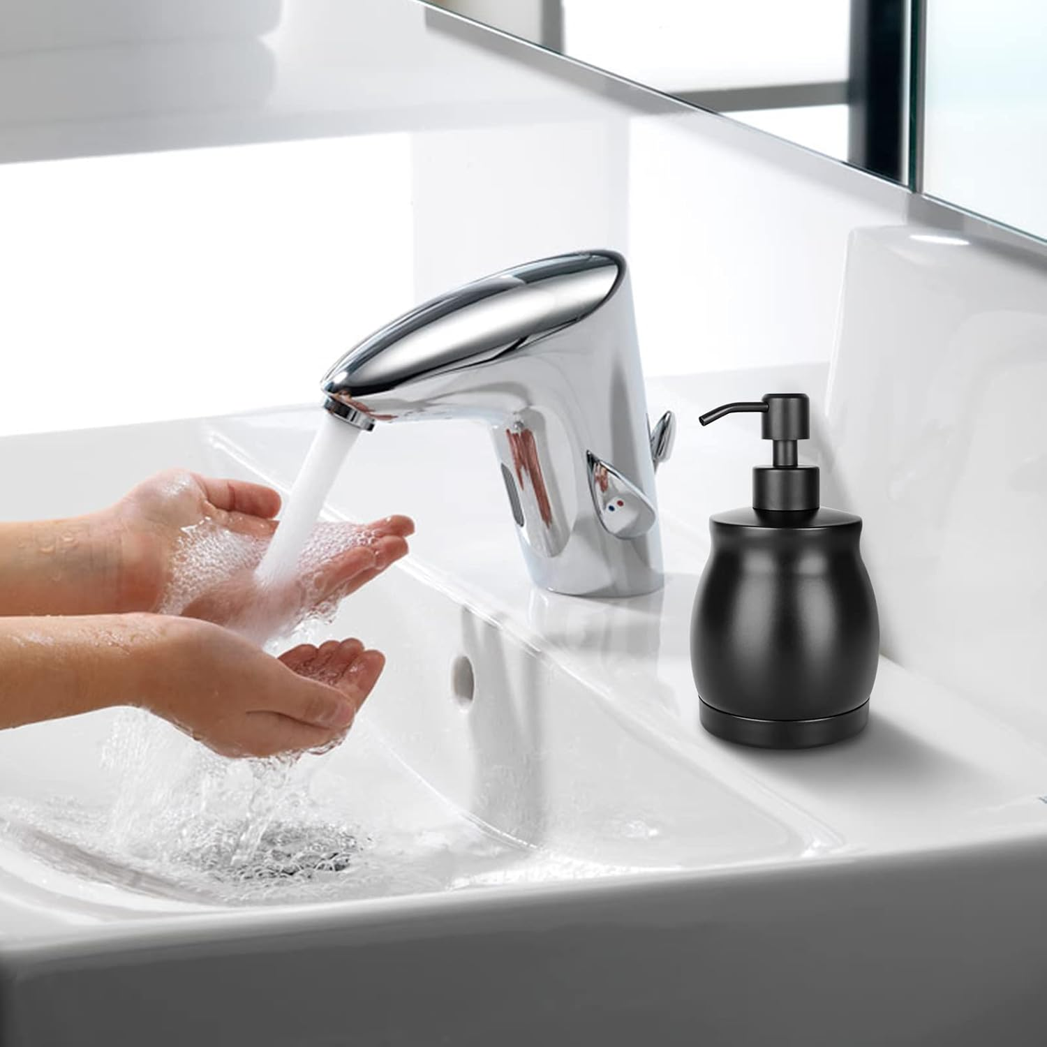 LALA DOLCE Black Stainless Steel Soap Dispenser, Modern Countertop Liquid & Lotion Dispenser for Kitchen and Bathroom-Rustproof Pump, Easy Refill & Clean-Elegant Home or Commercial Use (Black, 390Ml) image number 6