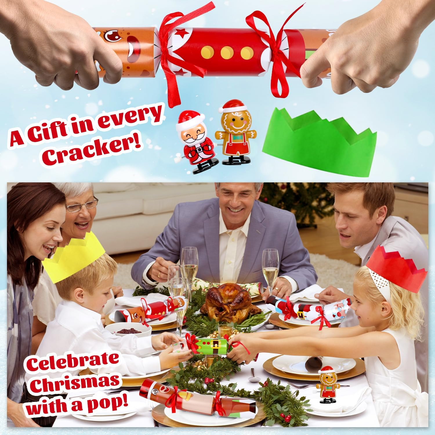VEYLIN Christmas Crackers, 6 Pack Christmas No-Snap Crackers Crackers for Kids Party Table Favor with Wind up Toys, Party Hat & Joke Christmas Seasonal Holiday Dinner Traditions image number 2