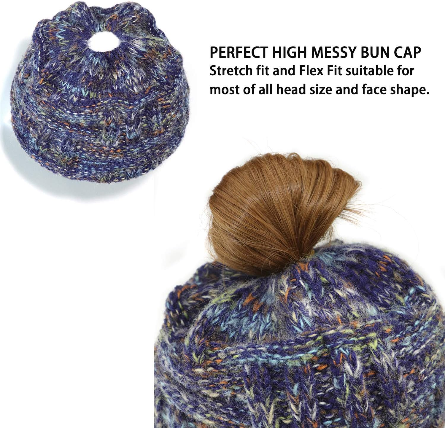 Taidor Messy Bun Ponytail Beanie Hat Colored Dots Cable Knit Cap for Women Girls Winter - Black image number 2