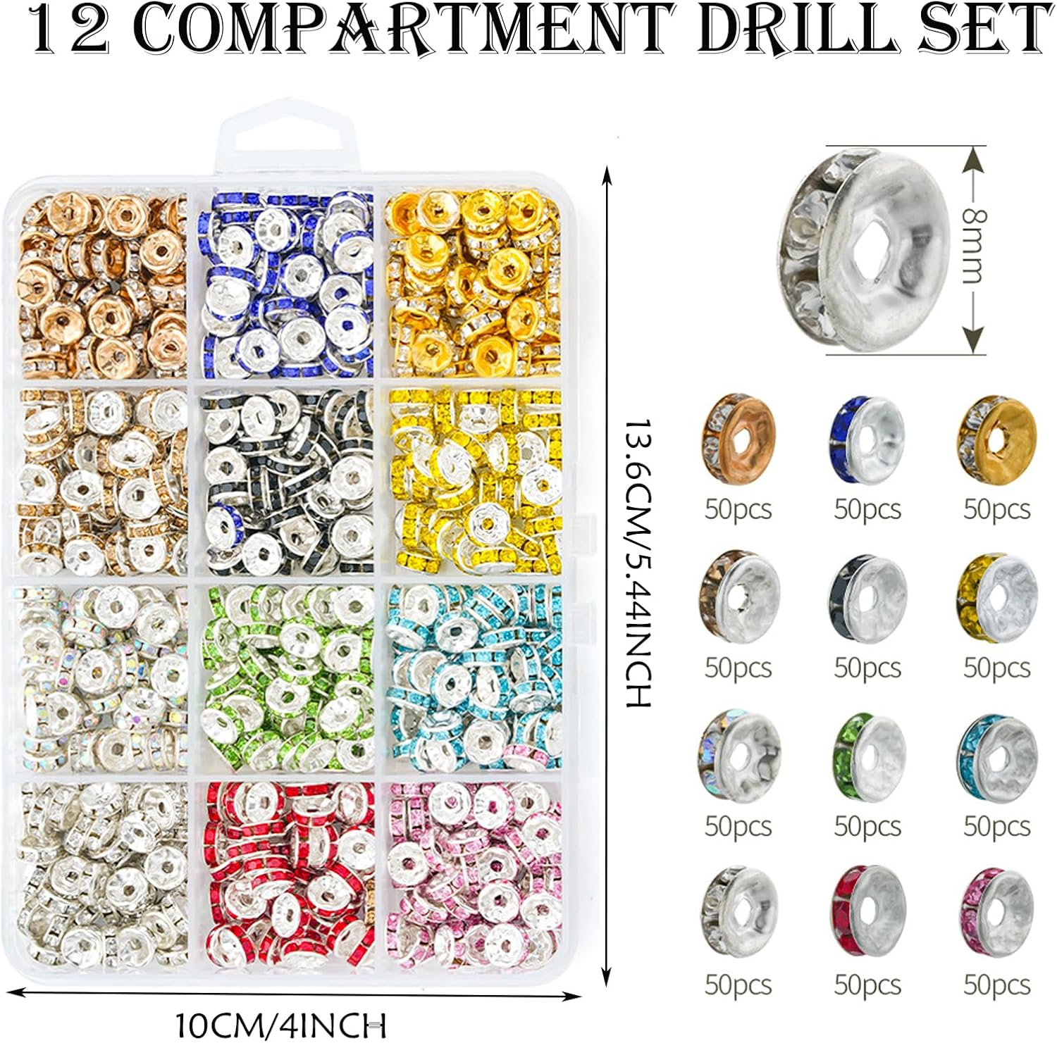 600Pcs Spacer Beads for Jewelry Making, 8Mm Rhinestone Spacer Beads Crystal Bead Spacers for Bracelets, for Bracelet Necklace Jewelry Making DIY （12 Colors） image number 6