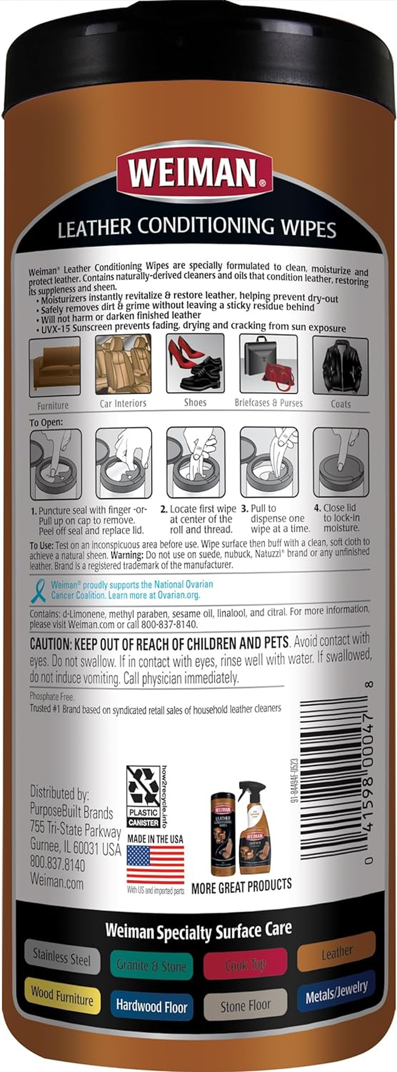 Weiman Leather Conditioning Wipes - Leather Cleaning Wipes for Furniture & Car Seats &ndash; Cleans, Shines, Conditions & Protects Leather - 30 Count (17.8 Cm X 20.3 Cm), Pack of 4 image number 6