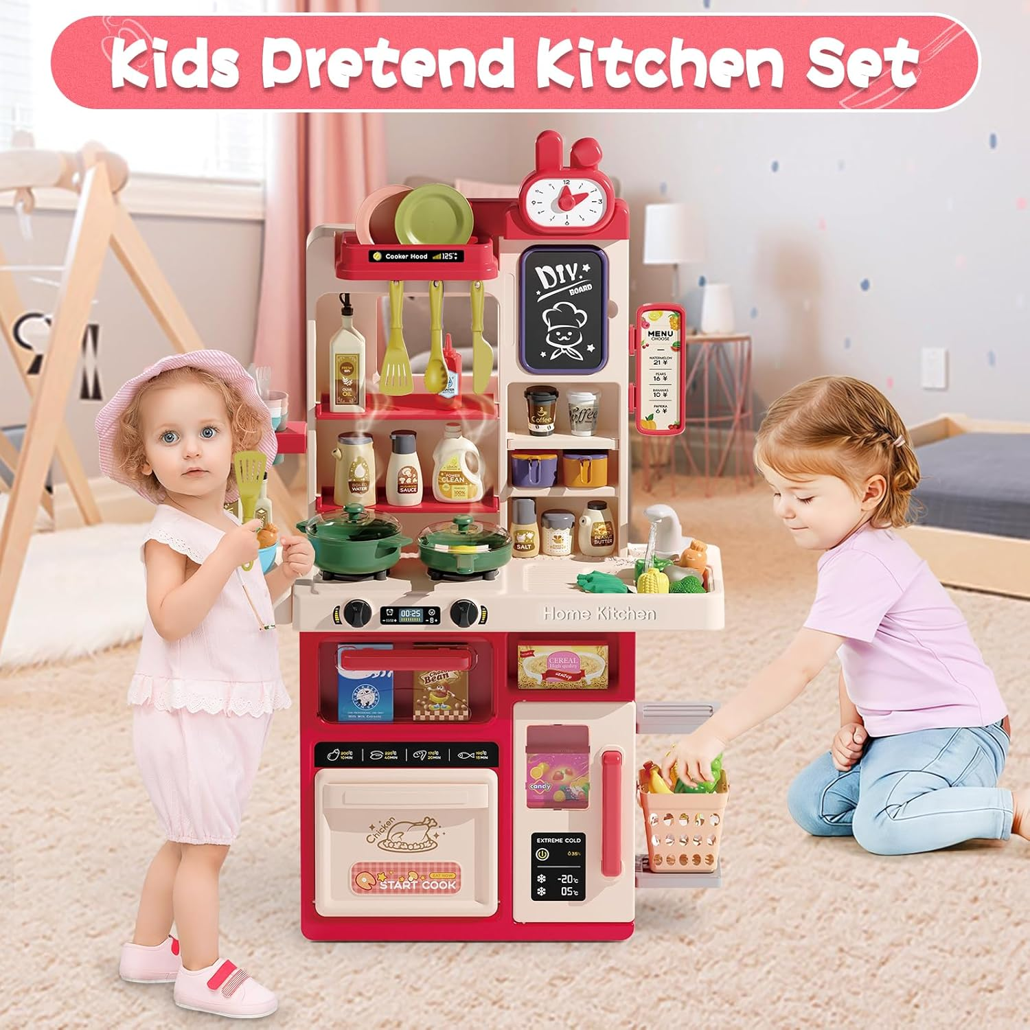 Hitish Kids Kitchen Playset Set, 63PCS Pretend Play Kitchen Toys for Toddlers, Cooking Stove with Steam Sound Light, Play Sink with Manual Faucet, Play Food Accessories for Girls Boys, 33&rsquo;&rsquo;H image number 1