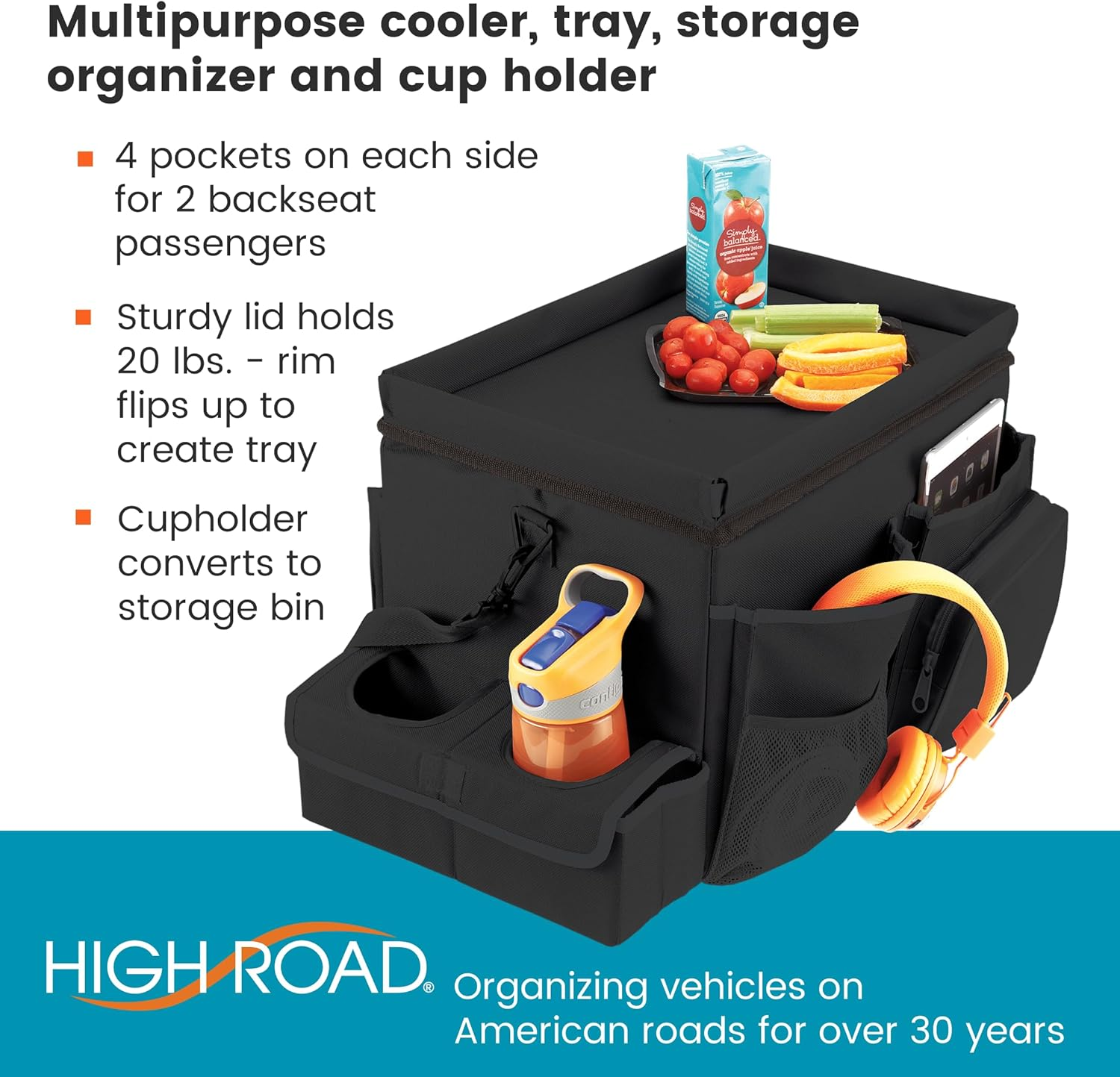 High Road Large Carhop Car Seat Organizer for the Front or Back Seat for Kids and Adults with Cup Holder Tray, Side Pockets and Cooler Compartment image number 2