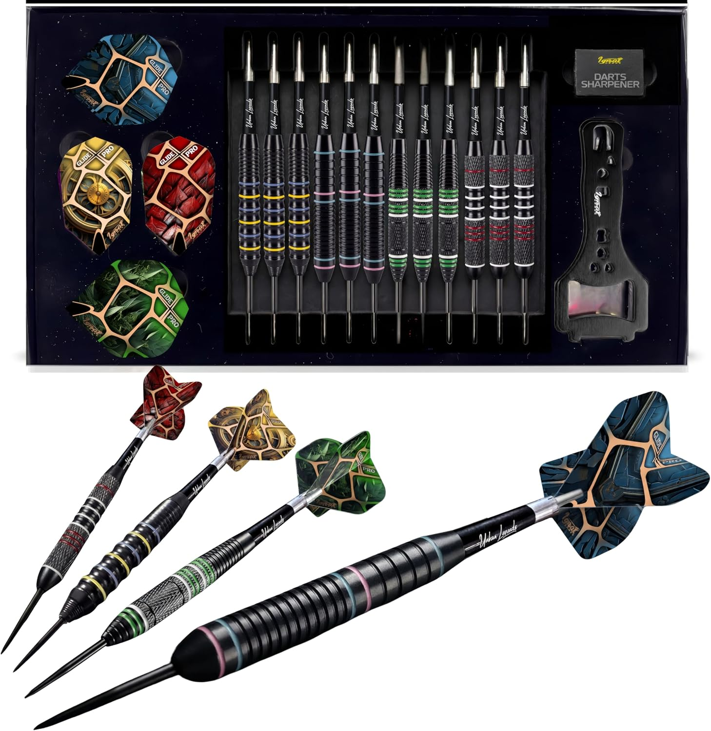 Ignatgames Premium Steel Tip Darts &ndash; 3/6/12 Pack Brass Barrels with Aluminum Shafts, 16 Glidexpro Flight Set, Tool Kit & Giftable Case - Manhattan Midnight