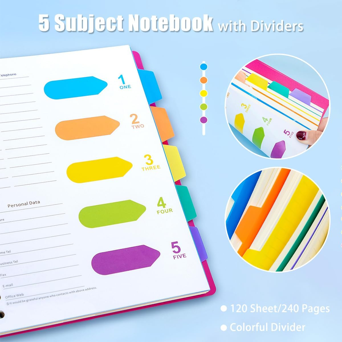 2Pcs 5 Subject Notebook, FHDUSRYO A5 Spiral Notebook with Dividers, Hardcover Notebook Double Wires Journal, 240 Pages Ruled Notebook with Pen Sticky Tab for Work, Home, School, Office (Pink Yellow) - Pink Yellow image number 2