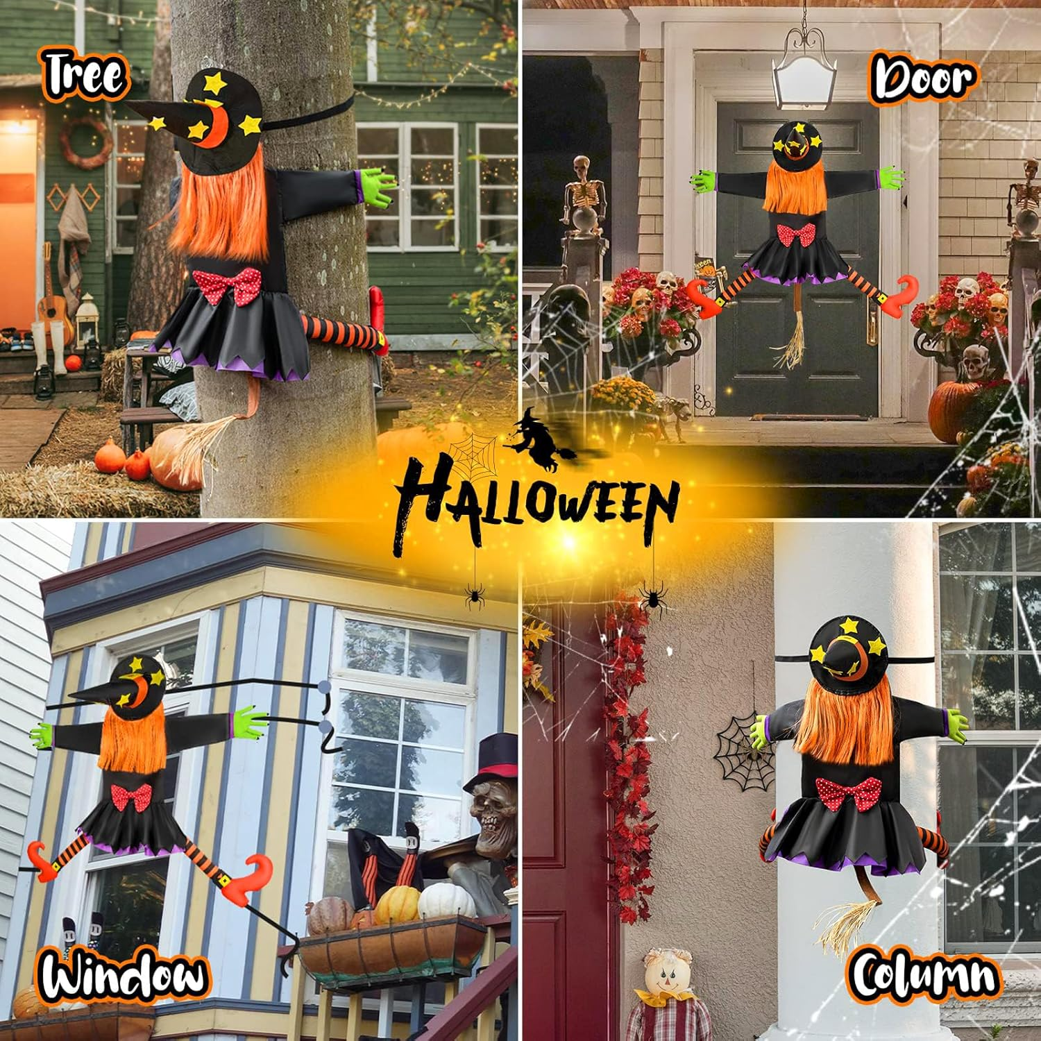 40Inch Crashing Witch Halloween Outdoor Decorations, Funny Witch Flying into Tree, Flying Witches with Adjustable Band, Hanging Props Ornaments for Yard, Porch, Patio Halloween Outdoor Decor image number 5