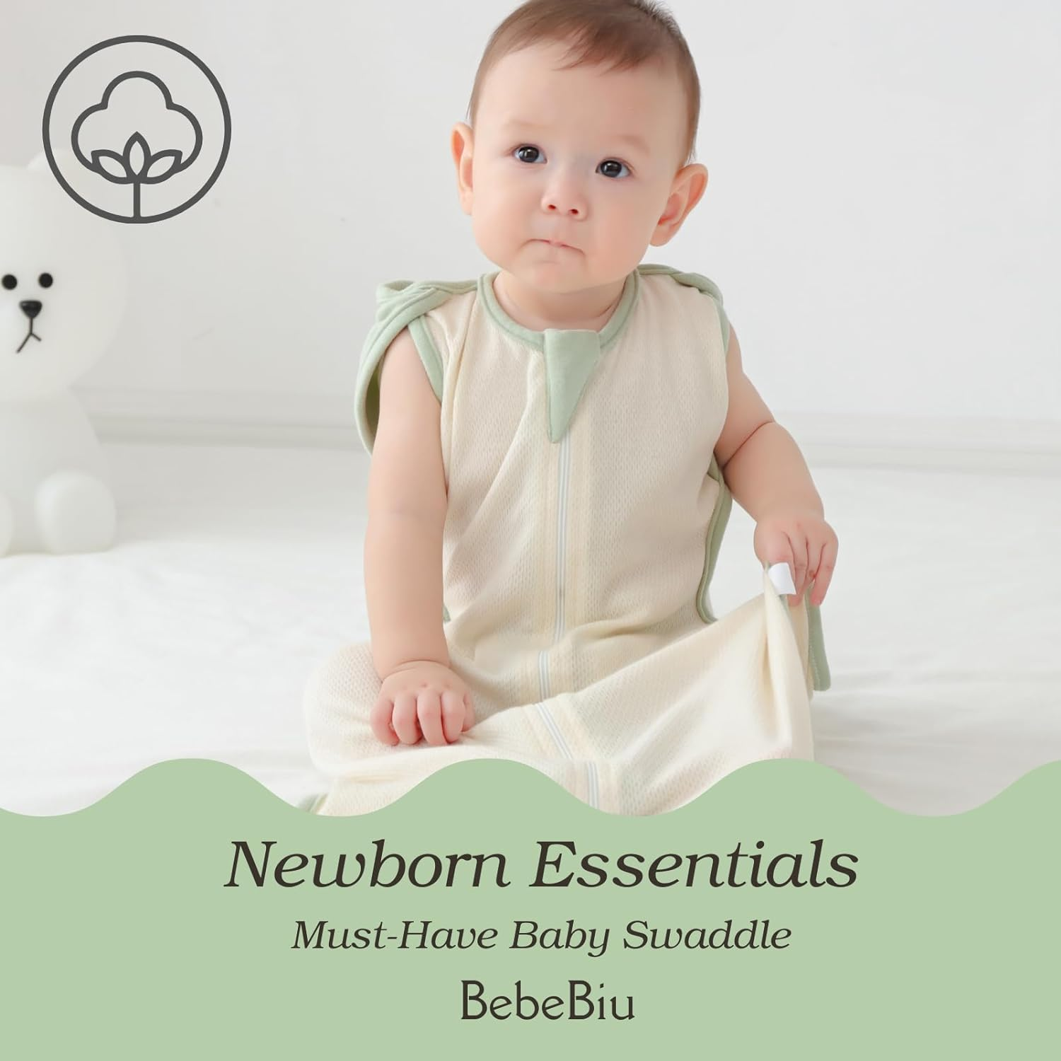 Bebebiu Baby Swaddle Sleeping Bag, 0.5 TOG, 2-Way Zipper, Breathable Mesh, Arms In/Out Design, 2-Pack (Sage/Ether, 6-9 Months)