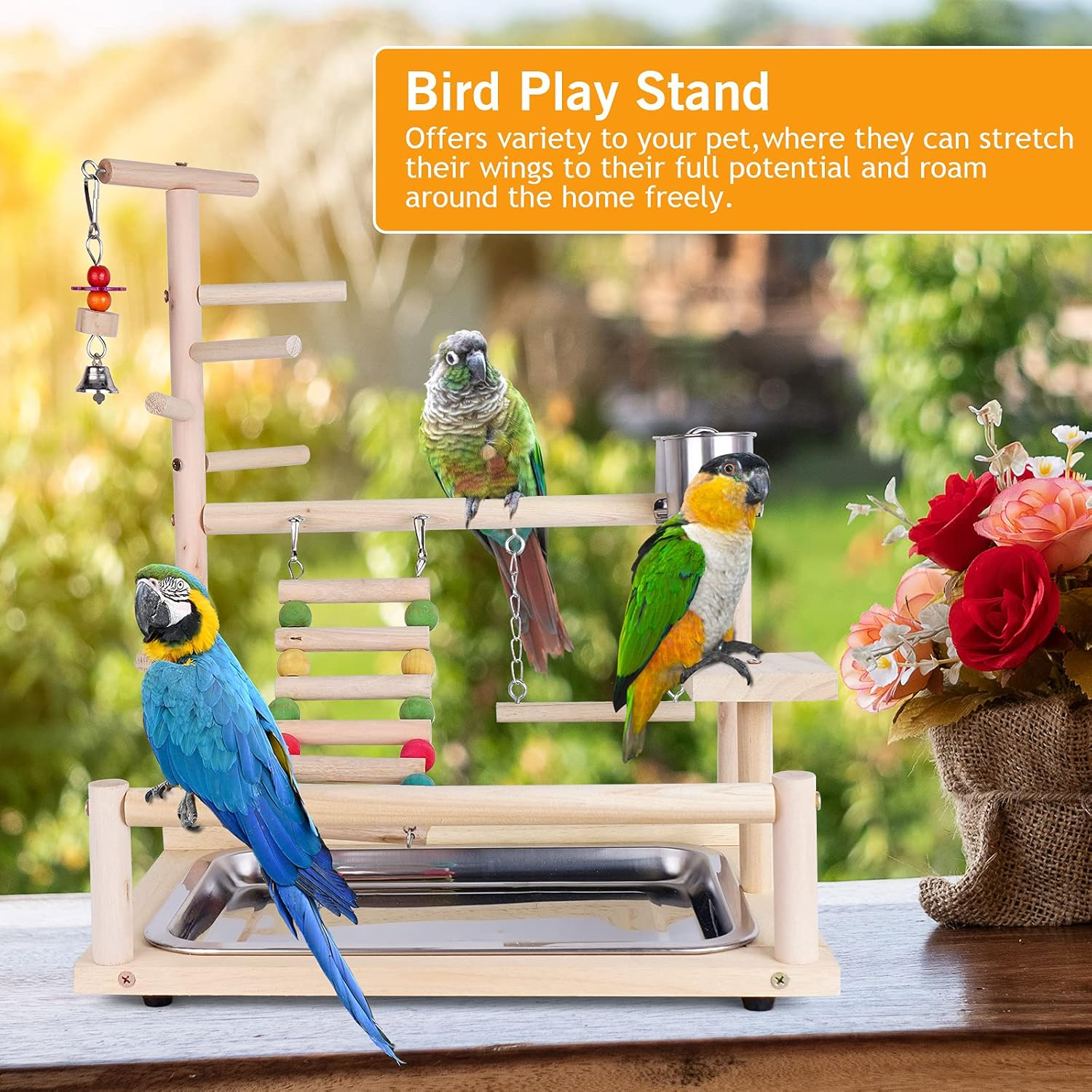 Roseflower Parrots Bird Wooden Playstand, Birdcage Playground Play Gym Parakeet Playpen Ladder with Feeder Cup and Tray, Bird Toys Swing Exercise Toy #4 image number 5