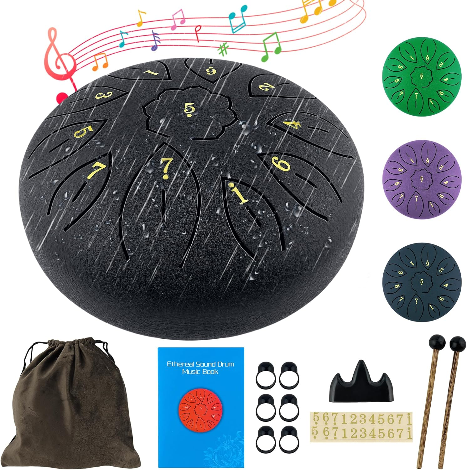 Oun Nana Rain Drum for outside When It Rains, 6 Inches 11 Notes Steel Tongue Drum with Drumsticks, Holder, Finger Paddle, Music Book, Travel Bag, Waterproof Echos Drum Rain Chimes for outside Garden
