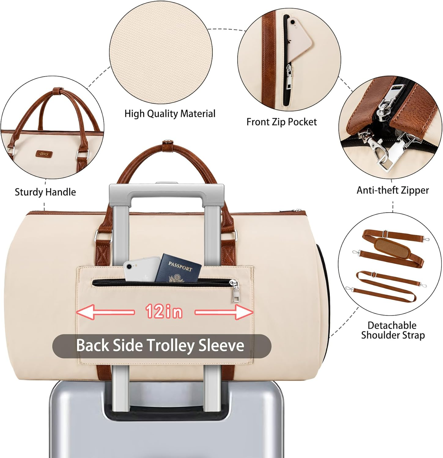 Convertible 2-In-1 Garment Bags for Travel, Carry on Garment Duffle Bag with Shoe Compartment Large Weekender Bag for Women Men Hanging Suitcase Suit Travel Duffel Overnight Bags 4Pcs Set, A-Off White - A1-Black image number 6