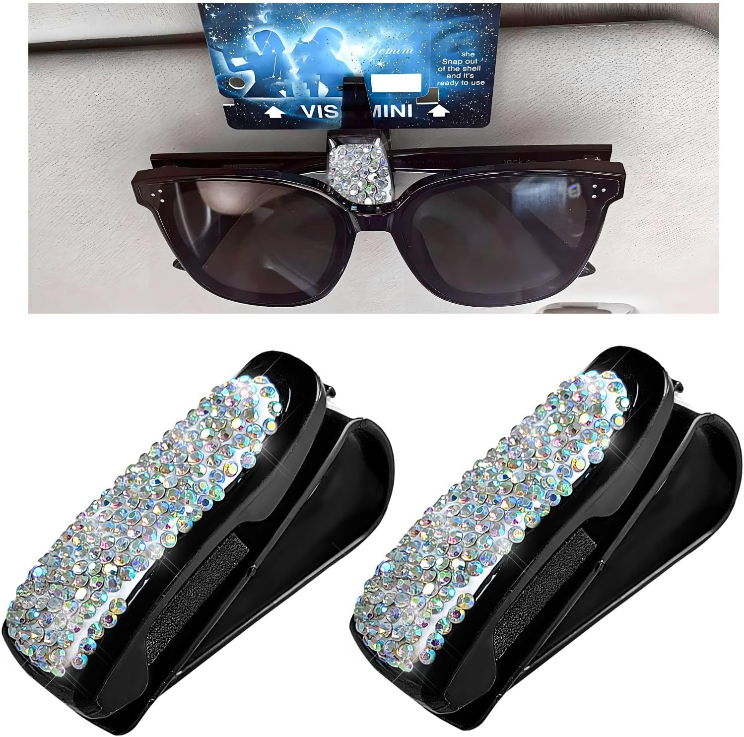 2 PCS Bling Sunglasses Holder for Car Sun Visor, Crystal Rhinestones Eyeglasses Hanger Mount with Ticket Card Clip, Universal Vehicle Visor Decor Accessories for Women (Black)