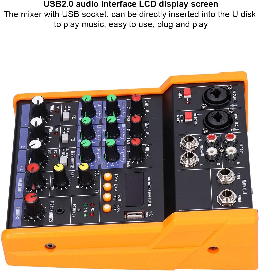 Audio Mixer, Professional Sound Board Console System Interface 4 Channel Support Mp3 /Wav/Lossless Ape/Flac Built in Digital Effect Processor, Compact Studio Mixer for Studio Recording DJ Console image number 2