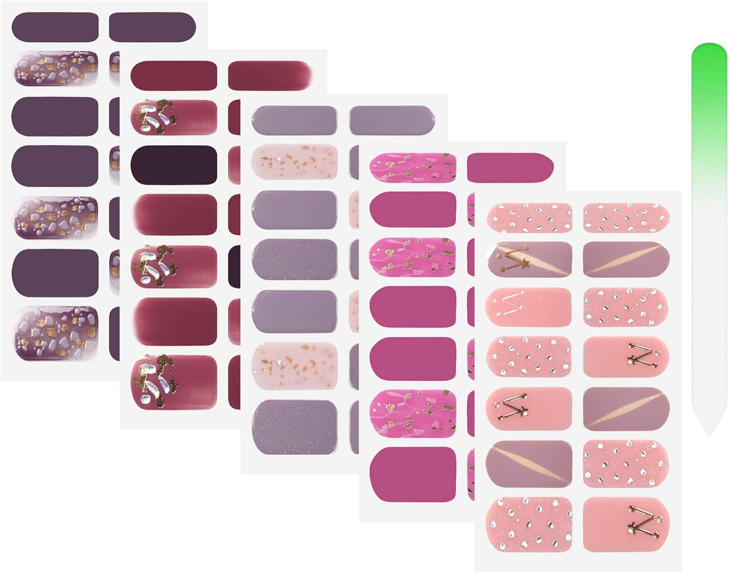 SIUSIO 70 Pcs 5 Sheets Full Nail Wraps Pure Color Nail Polish Strips Stickers Glitter DIY Nail Art Sticker with 1PCS Crystal Glass Nail Files Christmas Nail Wraps for Women and Girls