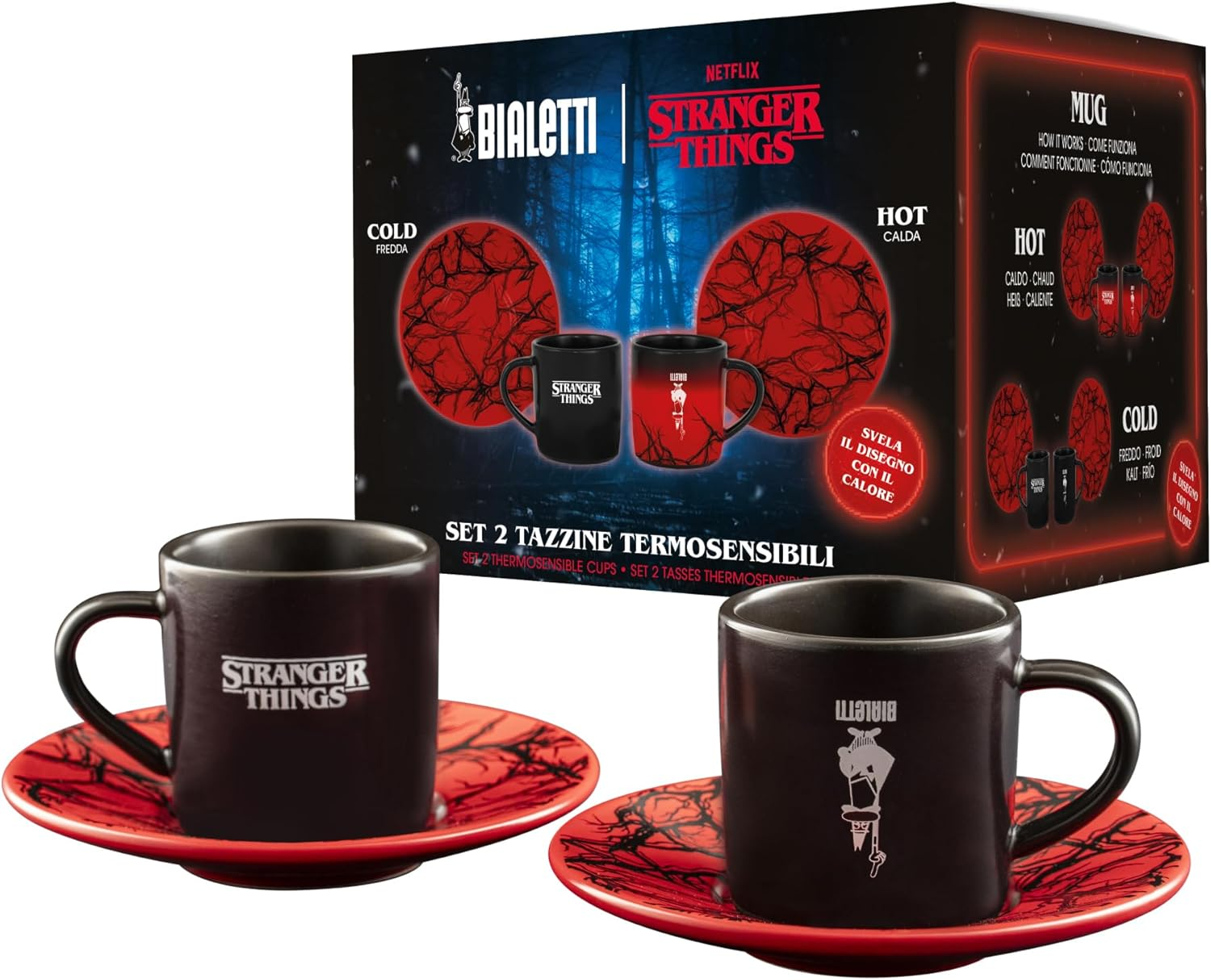 Bialetti Stranger Things Espresso Cups with Saucers - Thermosensitive Colour-Changing Design - Heat-Activated Colour Transformation - Not Dishwasher Safe - 80 Ml Capacity Each, Black (Set of 2) image number 5