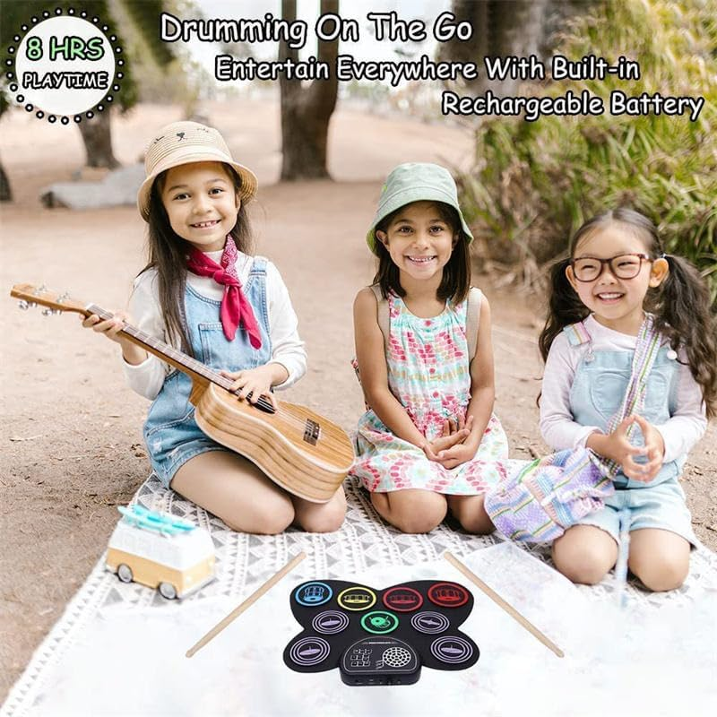 Electronic Drum Set, 9-Drum Practice Pad with Headphone Jack, Roll-Up Drum Kit Machine with Built-In Speaker Drum Pedals and Sticks 10 Hours Playtime, Great Birthday Holiday Gifts for Kids image number 2