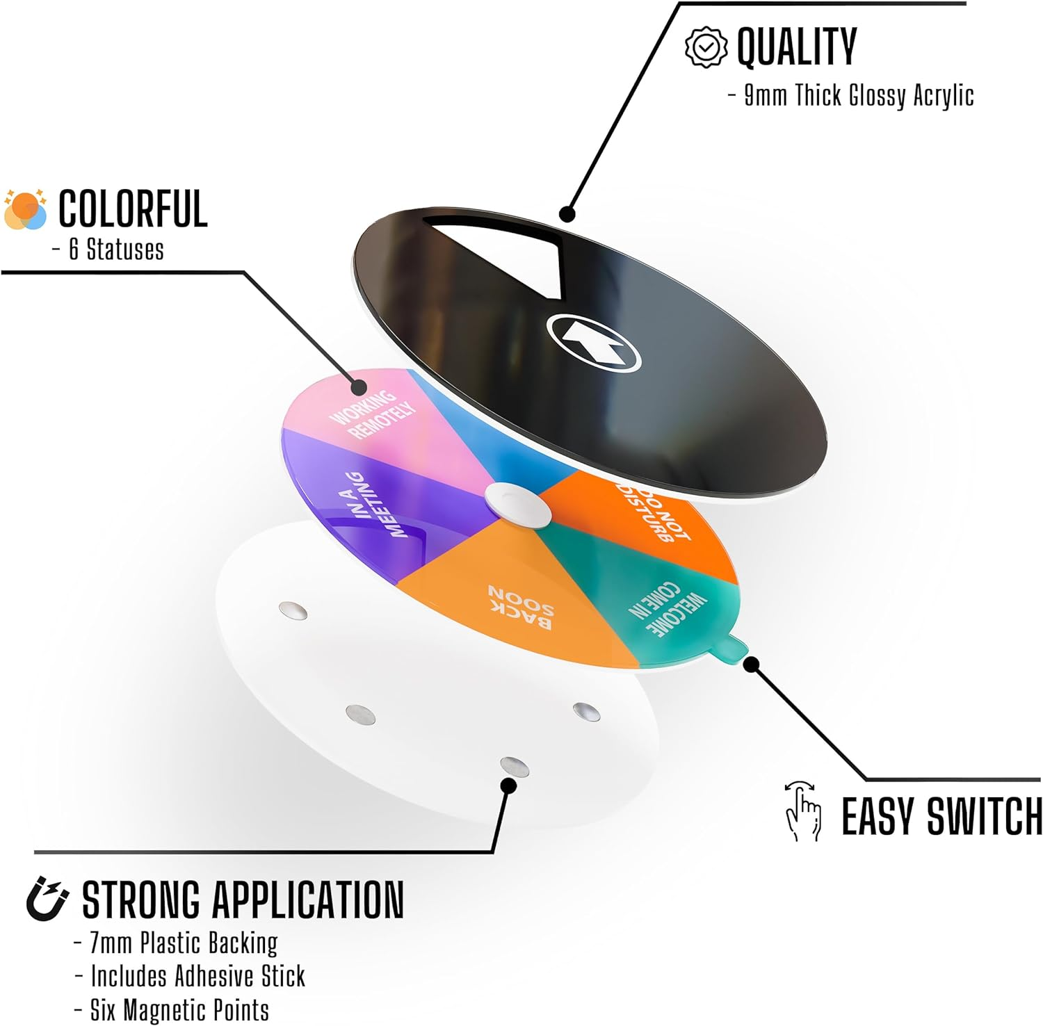 Do Not Disturb Office Door Sign - 6 Rotating Statuses - 6" Diameter - Perfect Meeting in Progress Door Sign - Magnetic or Adhesive Mount for Door, Wall or Window image number 1