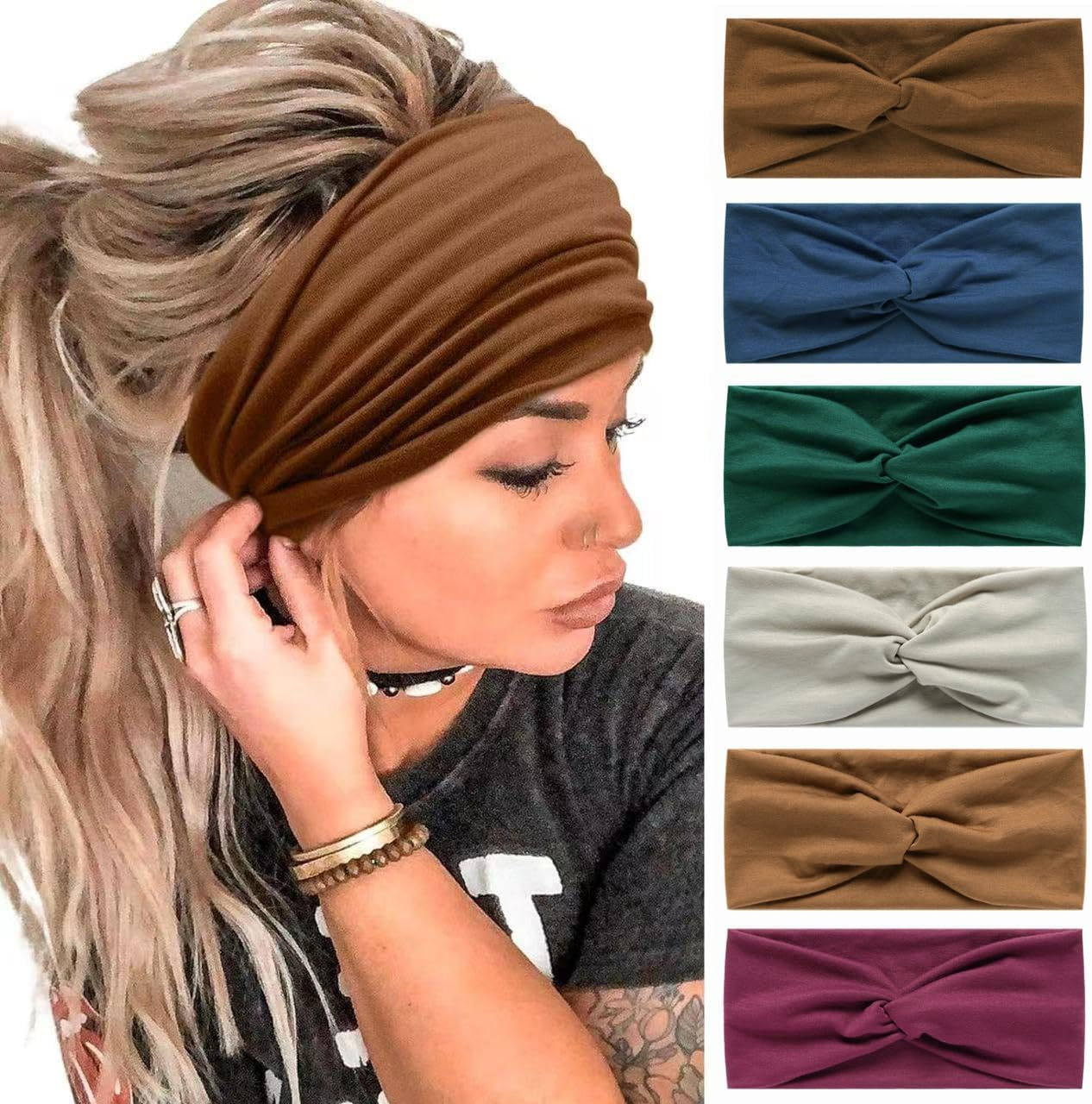 6Pcs Women'S Hairband Bandana Accessories for Adults - Boho Elastic Turban Wide Non-Slip Scarf Headbands for Short Hair (Tiedye)