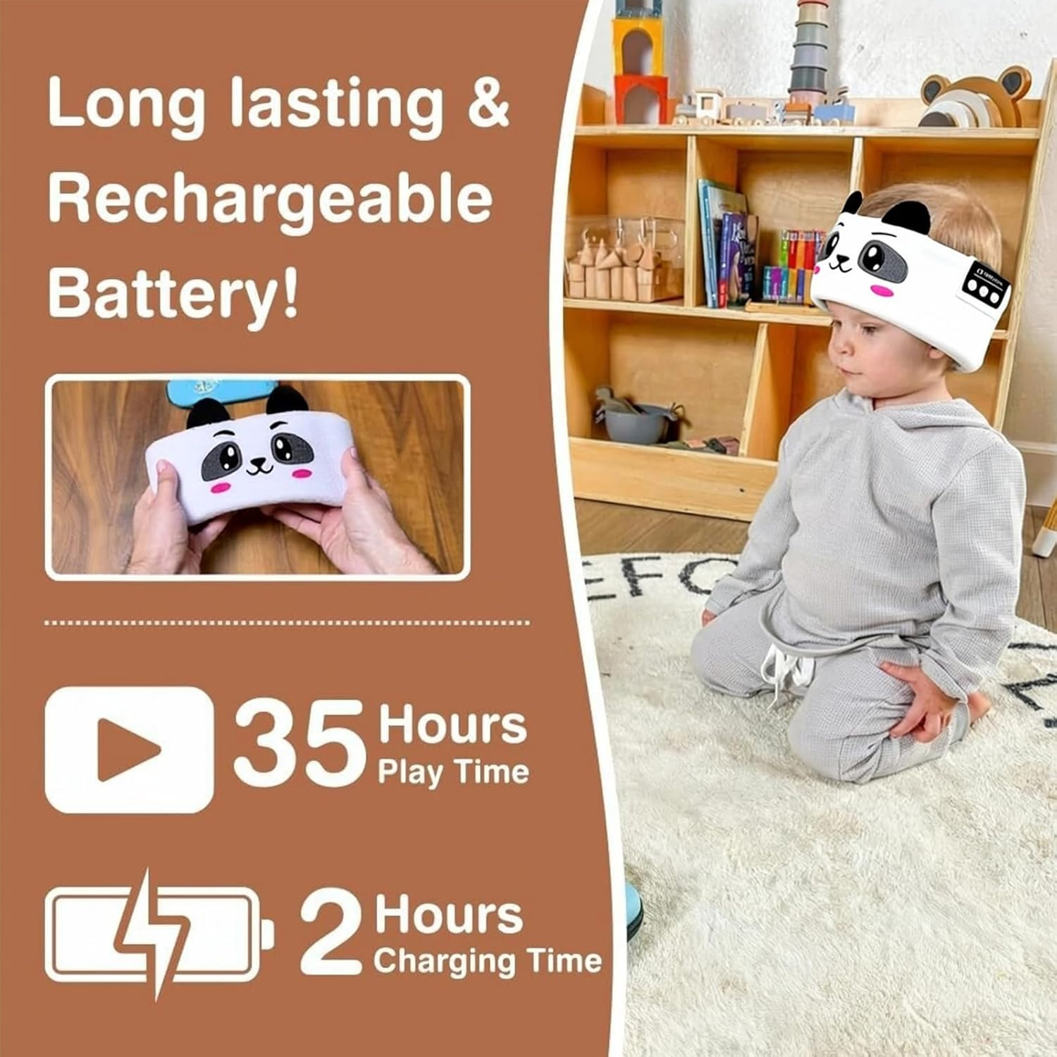 UOEPOWA Toddler & Kids Headband Headphones Wireless, Toddler Headphones with Super Soft Headband, Safe Volume Limited, Adjustable for Travel, Learning, and Sleep (Panda) image number 5
