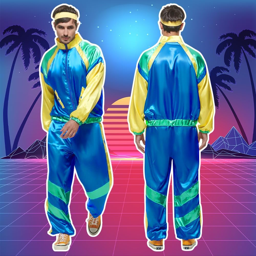 AUTOWT 70S 80S Shell Suit, Men Women Lightweight Long Sleeve Tracksuit, Retro Color Block Hip Hop Windbreaker Disco Costume for Rock Festivals Carnival Parties Mardi Gras No Accessory image number 3