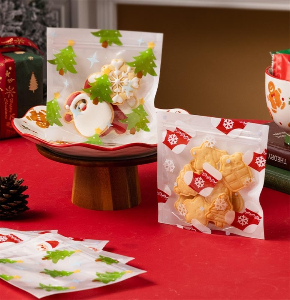 NIXNUT 50Pcs Christmas Candy Cookie Bag Treat Gift Bag with Zip for Party Baking Food Dessert Package Homemade Crafts Cute Patterns image number 2