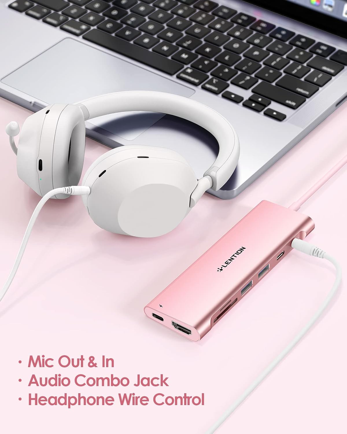 LENTION 3.3FT Long Cable USB C Hub with 4K HDMI, 2 USB 3.0, Card Reader, Aux, Type C Data/Charging Compatible 2025-2016 Macbook Pro, Mac Air/Surface, More, Stable Driver Adapter (CB-C37, Rose Gold) image number 3