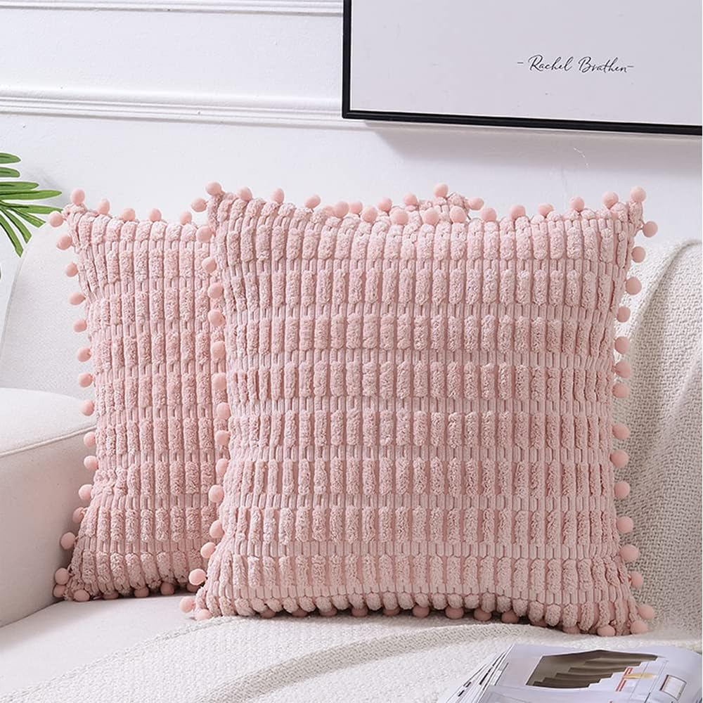 AUTOWT 2 Packs Decorative Throw Pillow Covers - 45 X 45 Cm Outdoor Cushion Cases with Pom-Poms - Boho Home Decor - Square Striped Corduroy Pillowcase for Couch Sofa Bed Bedroom Living Room (Green)