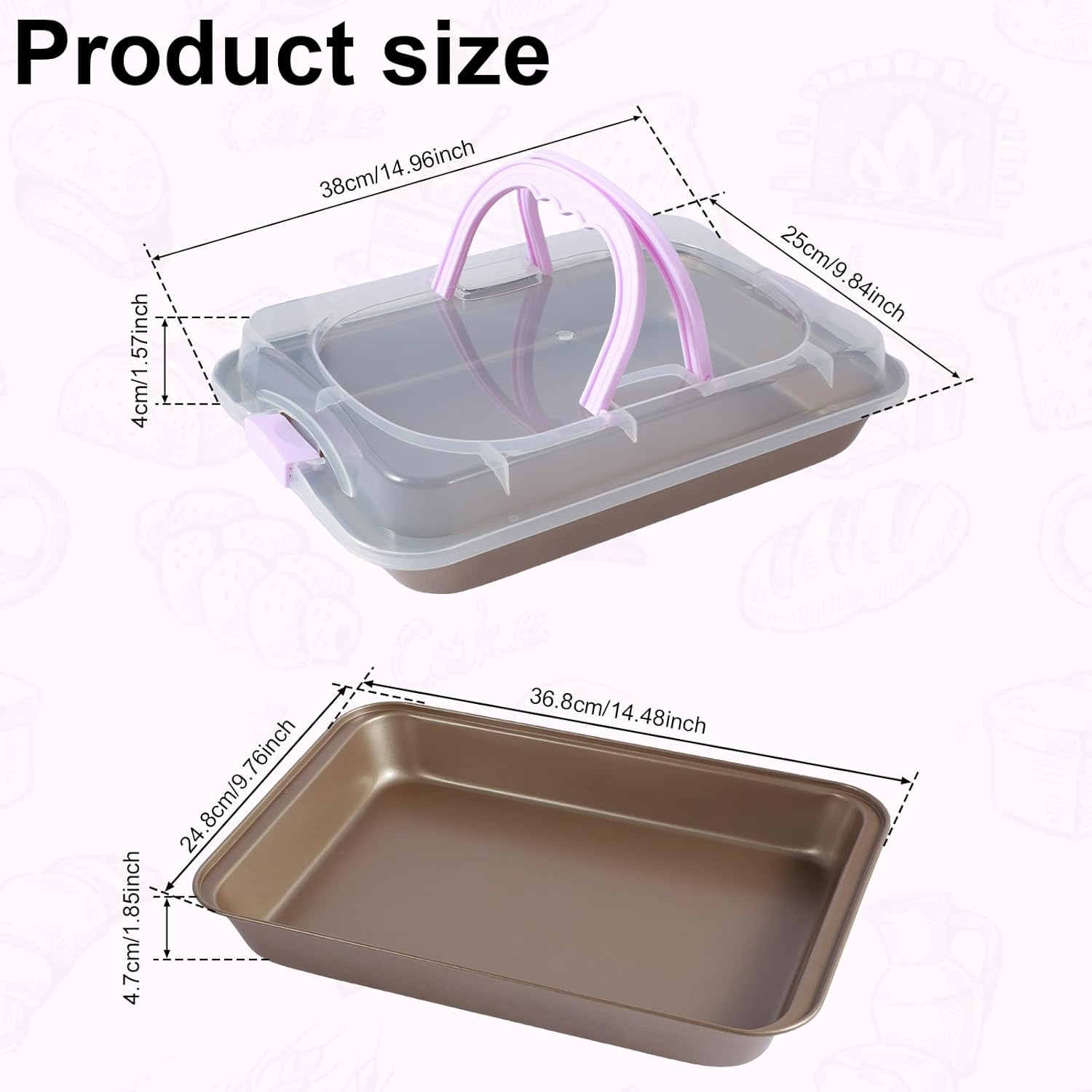 Baking Pan with Lid Rectangular Cake Pan Nonstick Bakeware Baking Pan Carbon Steel Cake Carrier Pan for Roasting Baking Storing Oven and Freezer Safe 10X14 Inch image number 5