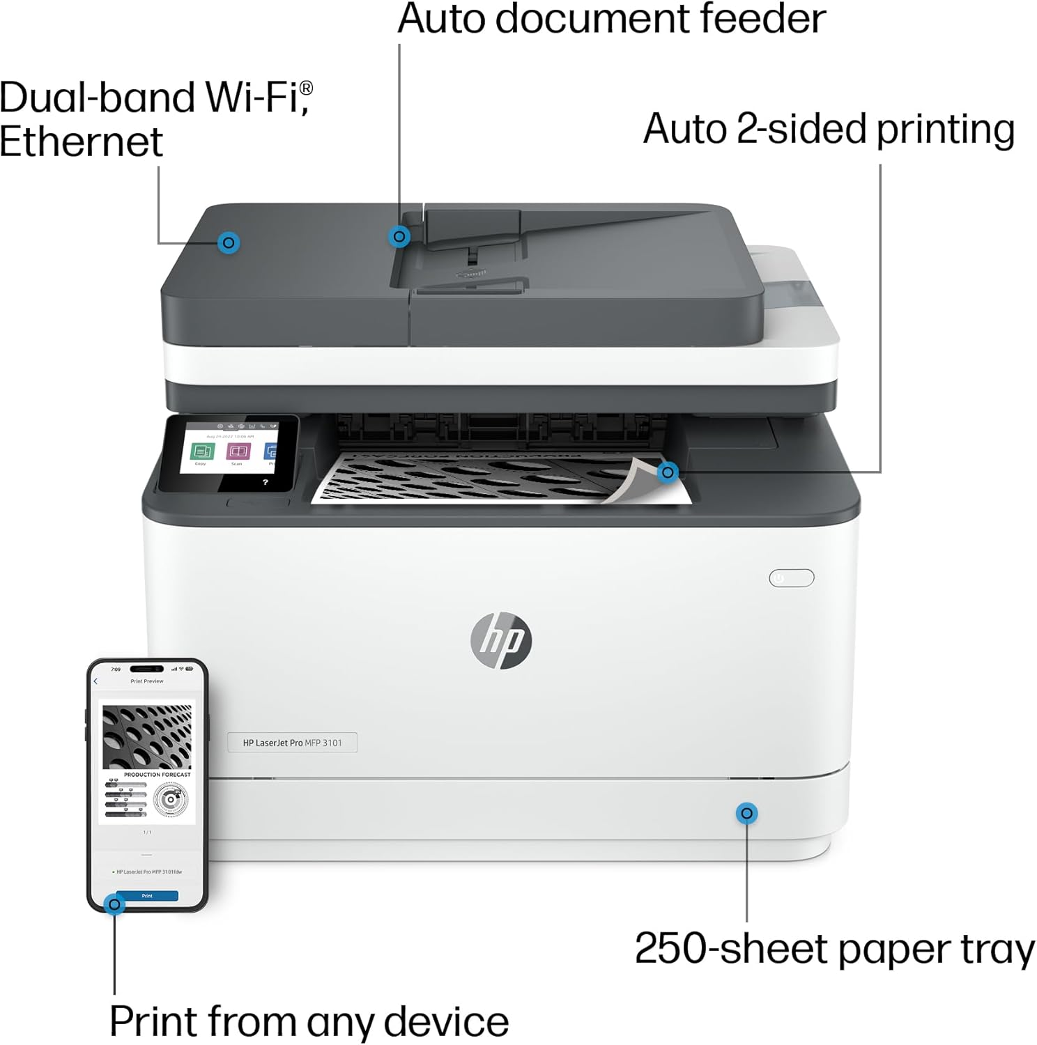 HP Laserjet Pro MFP 3101Fdw Wireless Black & White All-In-One Laser Printer, Scanner, Copier, Fax, Best-For-Office (3G628F) image number 4