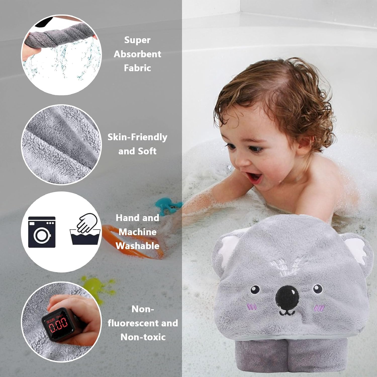 Baby Hooded Towel Koala Design, Soft Coral Fleece Baby Bath Towel 80 X 80 Cm for Newborn Essential Gift, Machine Washable, by CRFY image number 4