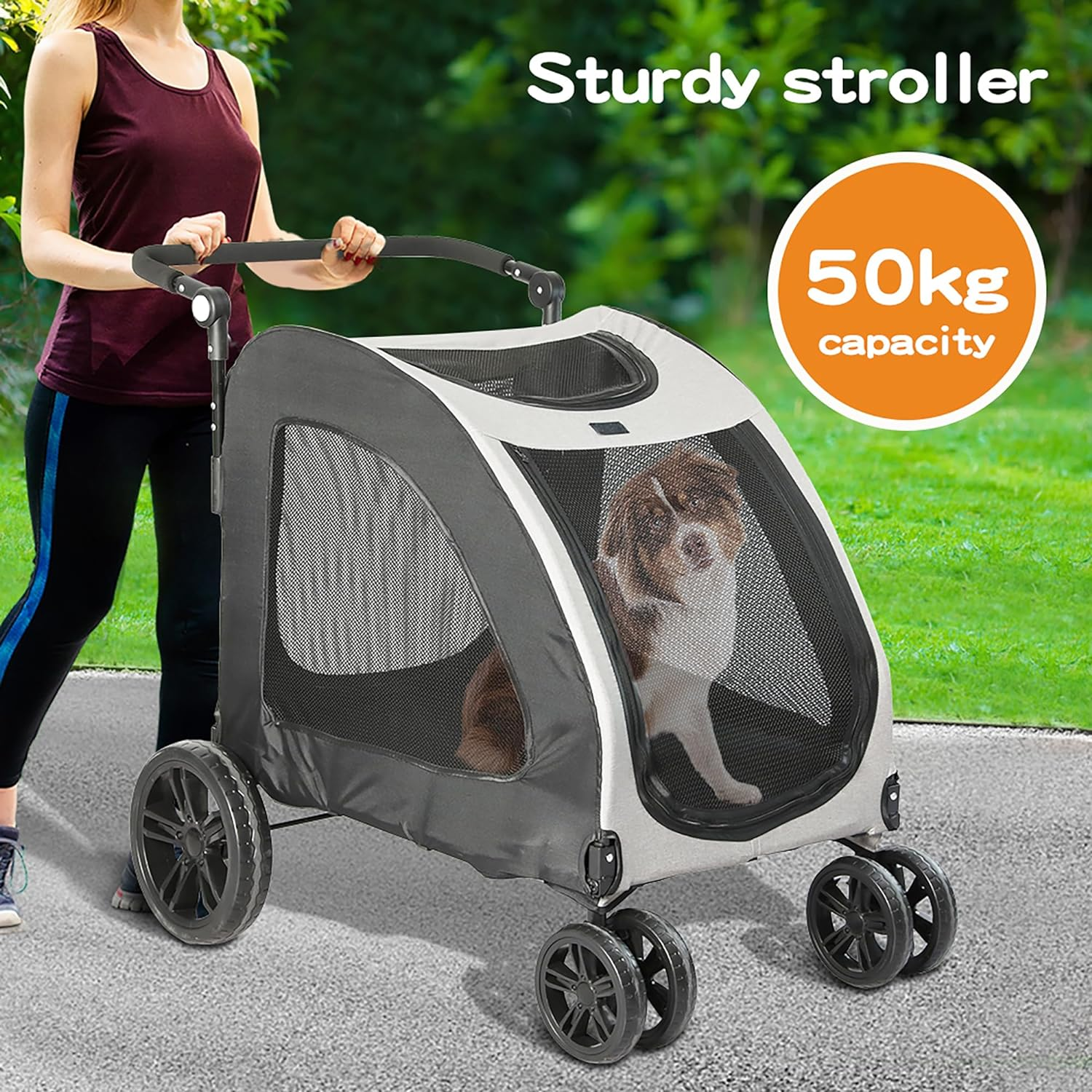 Pawz Pet Stroller &ndash; Dog Pram, Cat Carrier, Travel, Foldable, Strollers, 4 Wheels, 50Kg Large Capacity, Black and Grey image number 3