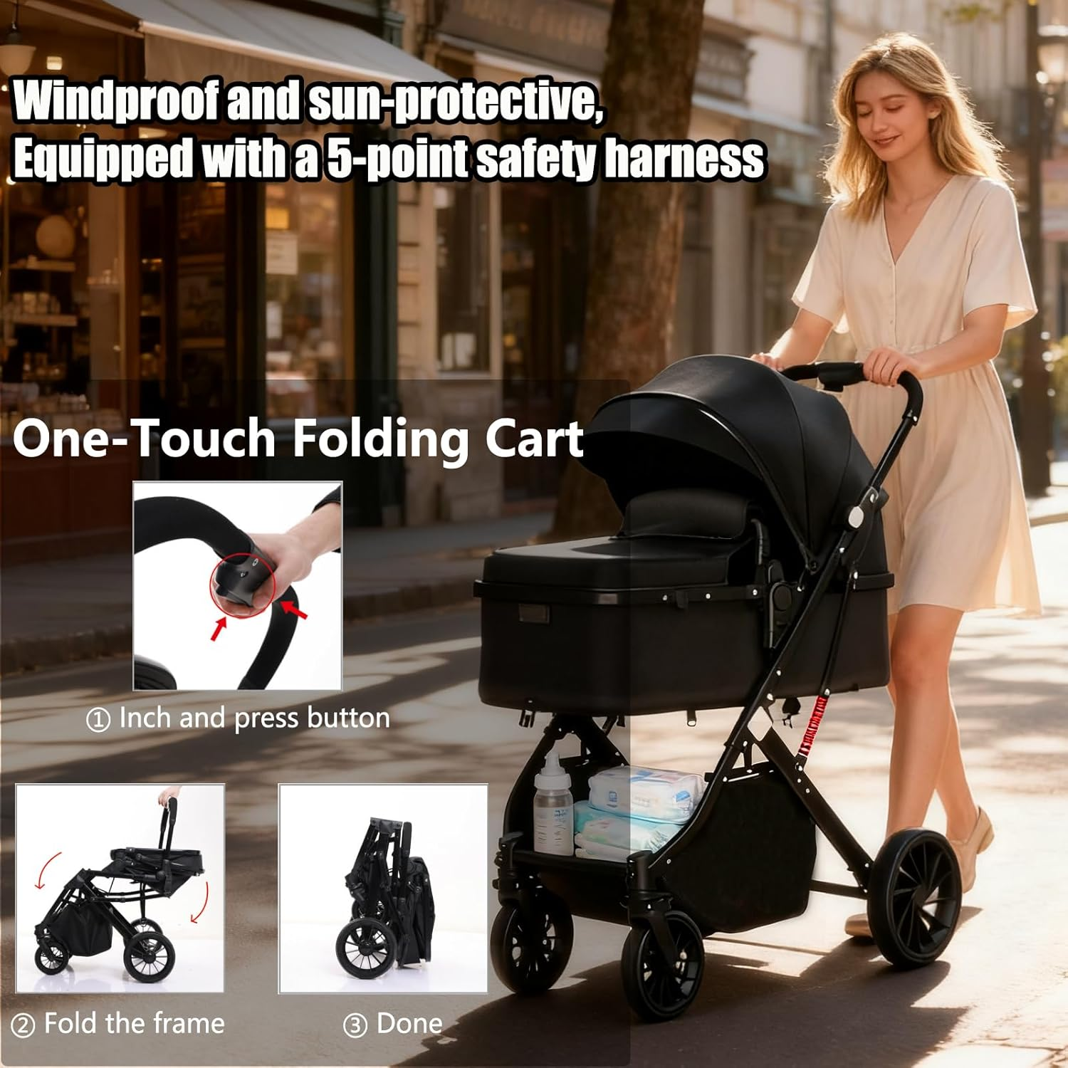 Lightweight Baby Stroller, Compact Toddler Travel Baby Pram for Airplane, Easy One-Hand Fold Newborn Pram, Adjustable Backrest & Canopy, Storage Basket, Self-Standing Gravity Fold image number 6