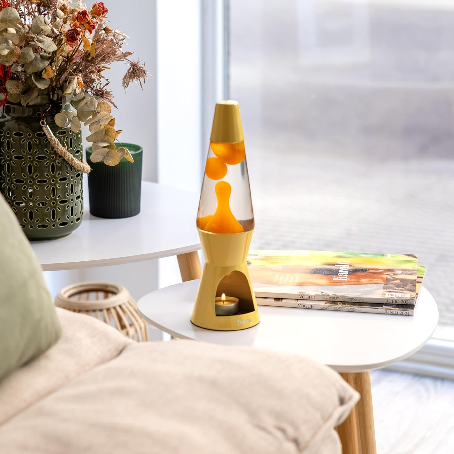 Fisura - Yellow Lava Lamp without Electricity. Environmentally Friendly Lamp. Original Gift. 29 Cm X 8.5 Cm (Candle Not Included) - Blue And Orange Candle image number 3
