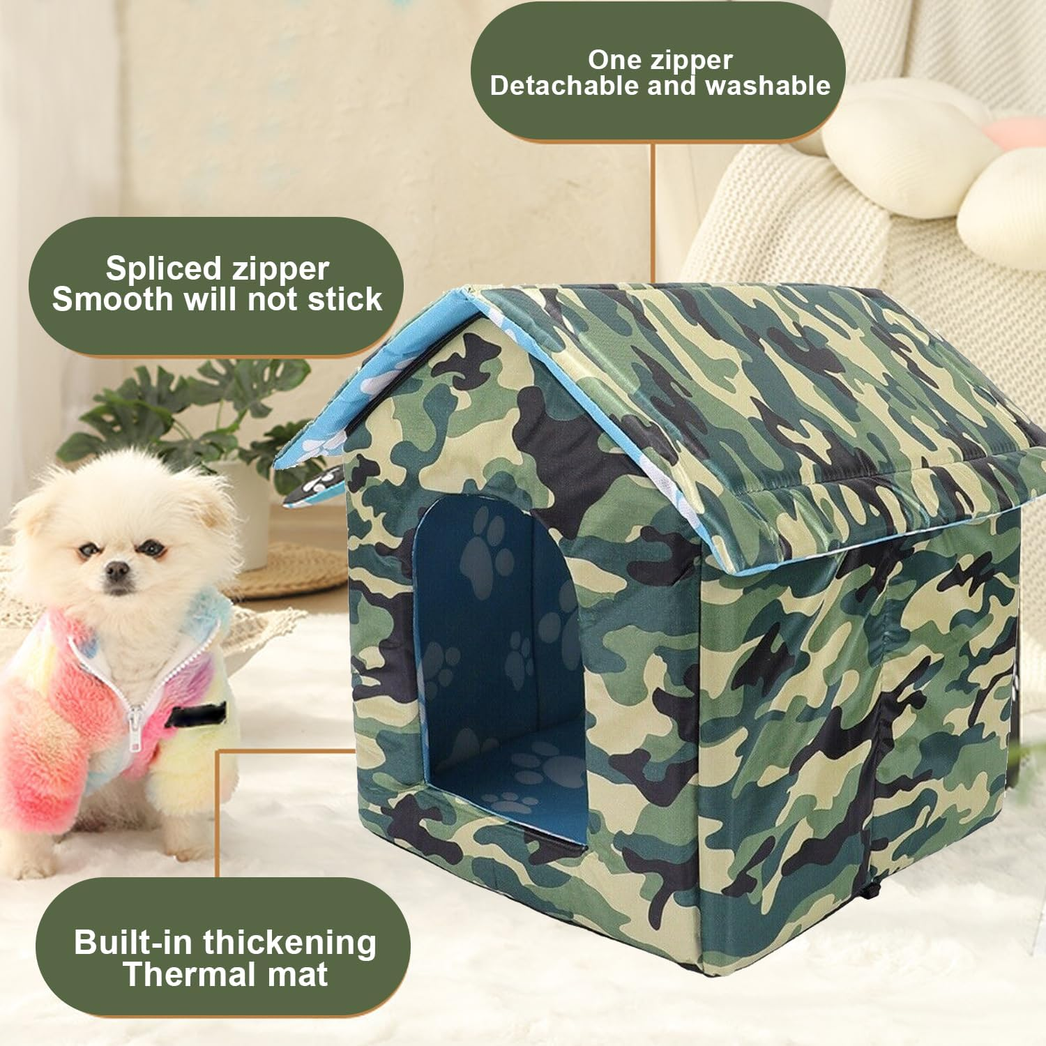 HOMURY Outdoor Cat House: Foldable Cat House, Washable, Weatherproof and Warm, Outdoor Pet House, Oxford Pet House for Stray Pets, for Small Dogs, Cats (Camouflage) image number 4
