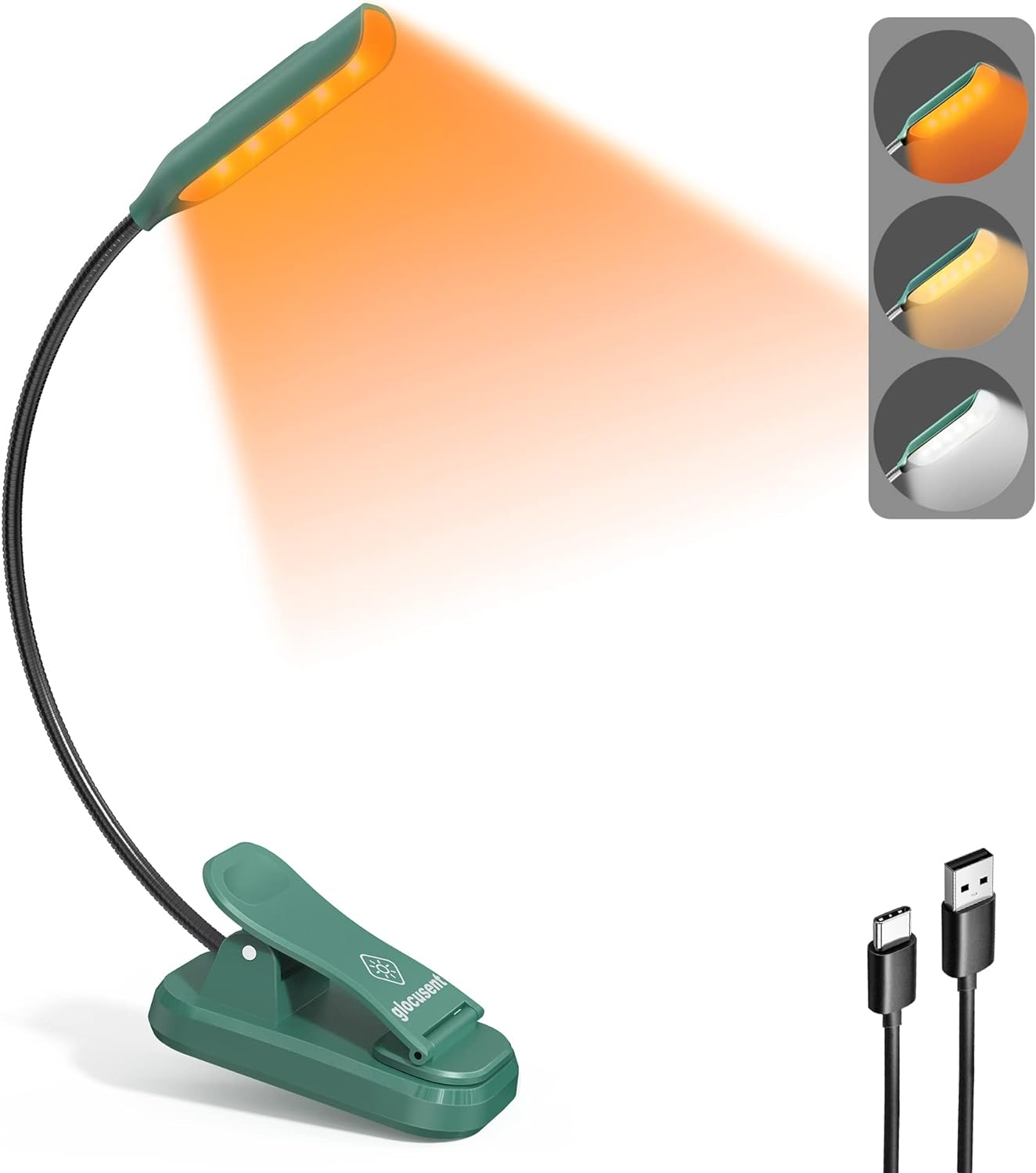 Glocusent Lightweight Rechargeable 10 LED Amber Book Light for Reading in Bed, Eye-Care Clip-On Reading Light up to 80 Hours, 3 Brightness X 3 Color Modes, Perfect for Bookworms, Kids & Travel
