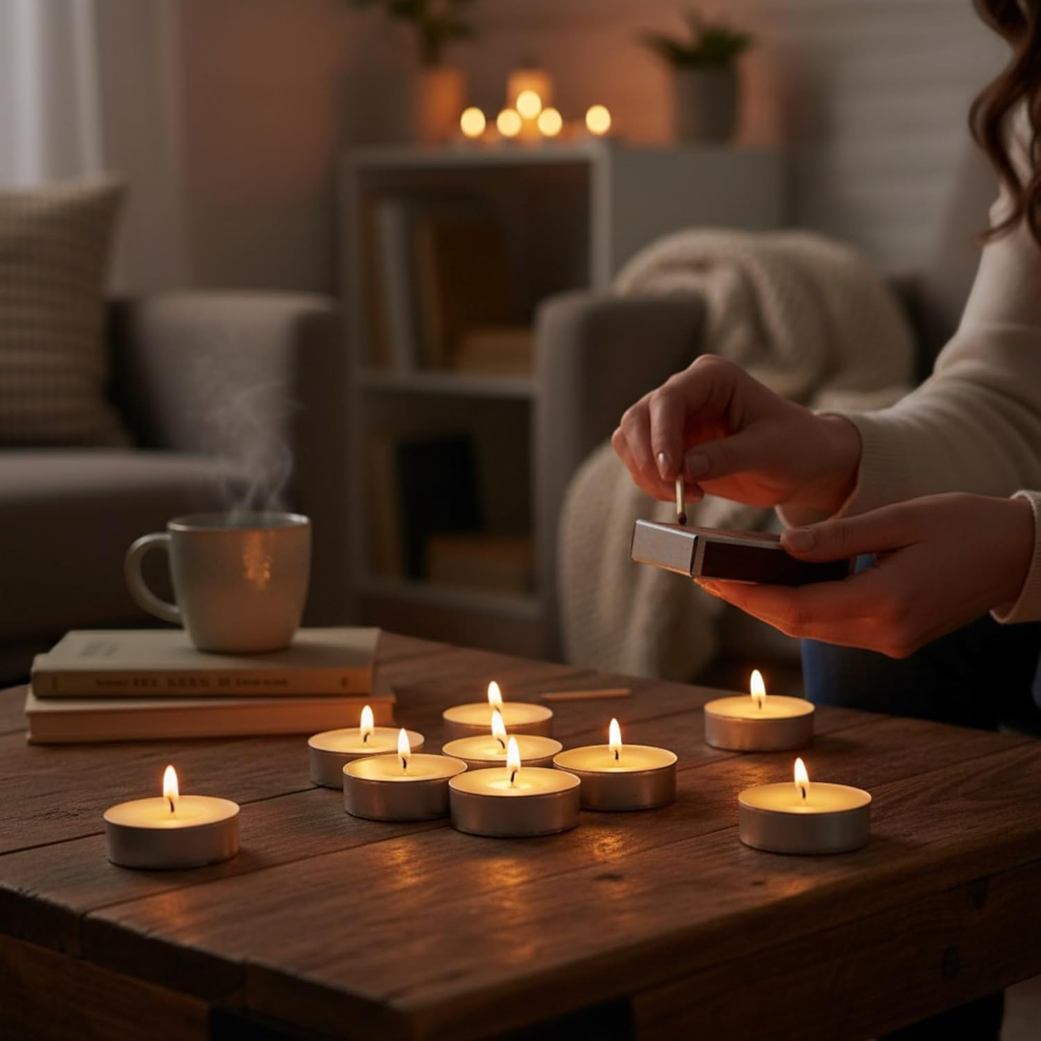 MIJOMA Coloured Tea Lights Pack of 30 - Set of 3 Packs - 4 Hours Burn Time Each - Decorative Candles in Kraft Box - Mood Light for Home & Events (Sand) image number 4