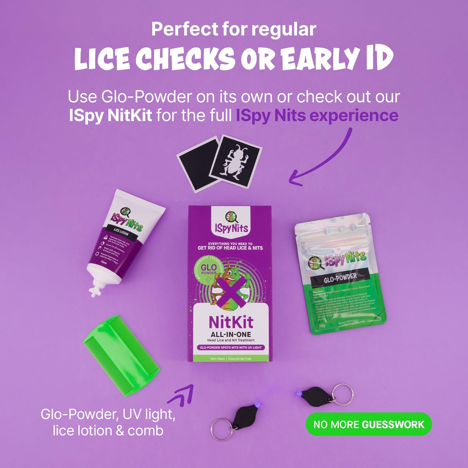 Ispy Glo-Kit Head Lice Treatment & Detection Kit with Biofluorescent Glo-Powder &ndash; Spot Nits Fast under UV Light &ndash; Safe, Non-Toxic Ingredients &ndash; Includes 3 Sachets Glo-Powder & 2 UV Detection Lights &ndash; Reusable, Kid-Friendly image number 2
