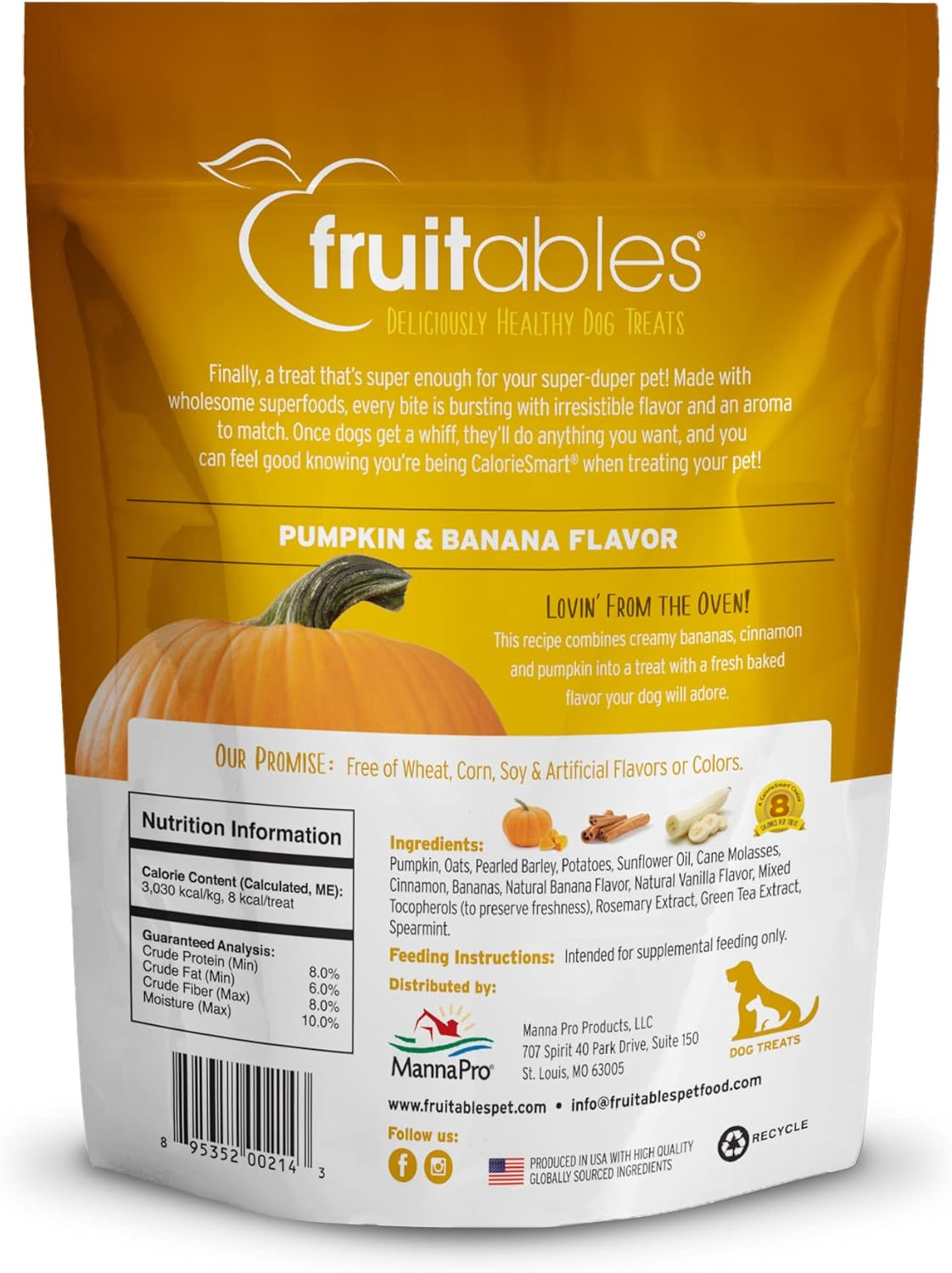 Fruitables Baked Dog Treats, Healthy Pumpkin Treat for Dogs, Low Calorie & Delicious, Free of Wheat, Corn and Soy, Made in the USA, Pumpkin and Banana Flavor, 7Oz