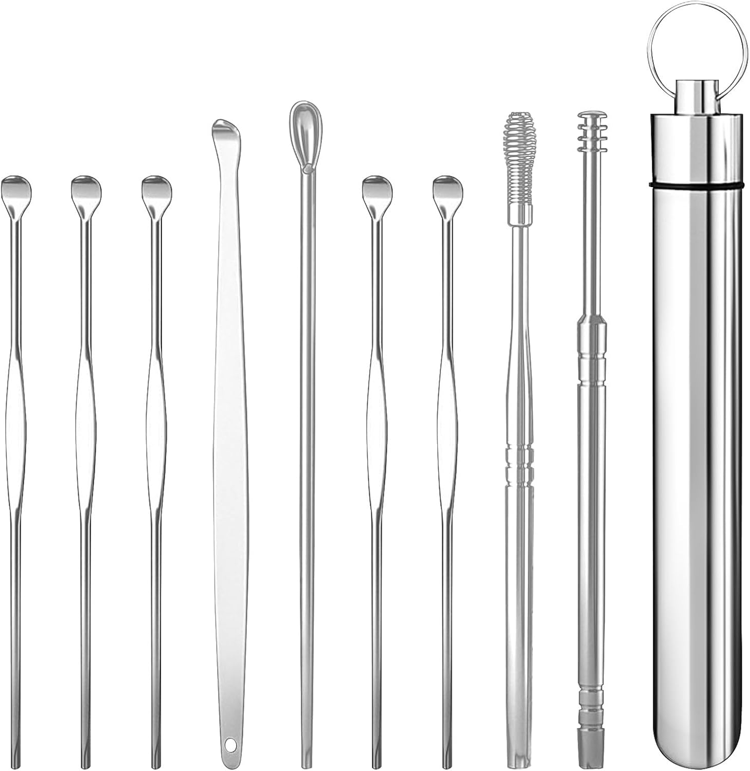 10 Pcs Ear Pick Earwax Removal Kit, Stainless Steel Ear Wax Remover Cleaner Earpick Ear Cleaning Tool Set, Ear Curette Tool with Premium Silver Aluminum Tube Packaging image number 3