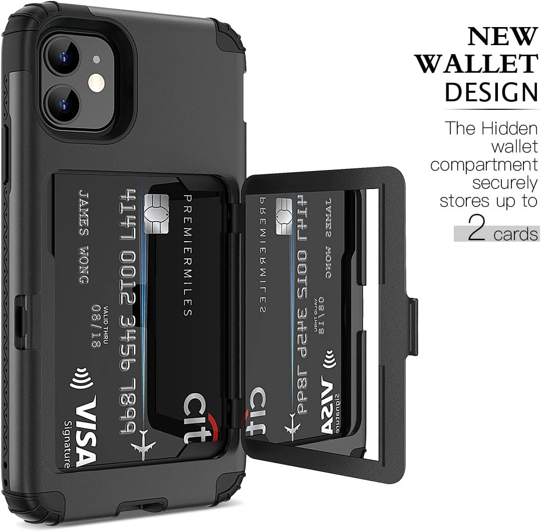 Iphone 11 Wallet Case - Welovecase Defender Wallet Credit Card Holder Cover with Hidden Mirror Three Layer Shockproof Heavy Duty Protection All-Round Armor Protective Case for Apple Iphone 11 Black - Green image number 7