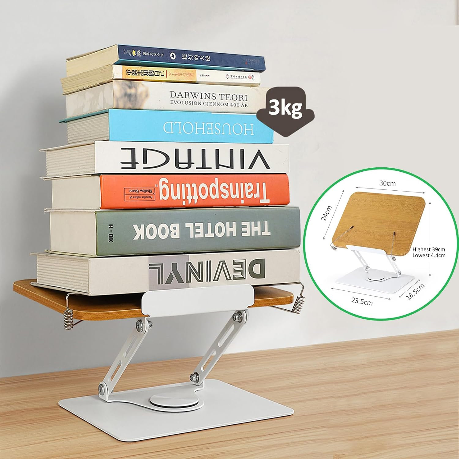 Book Stand for Reading, Adjustable Book Holder with 360&deg; Rotating Base, Foldable Cookbook Stand Recipe Book Holder with Elastic Page Clips for Music Scores, Recipe, Magazines, Tablet, Laptops (Silver) image number 1