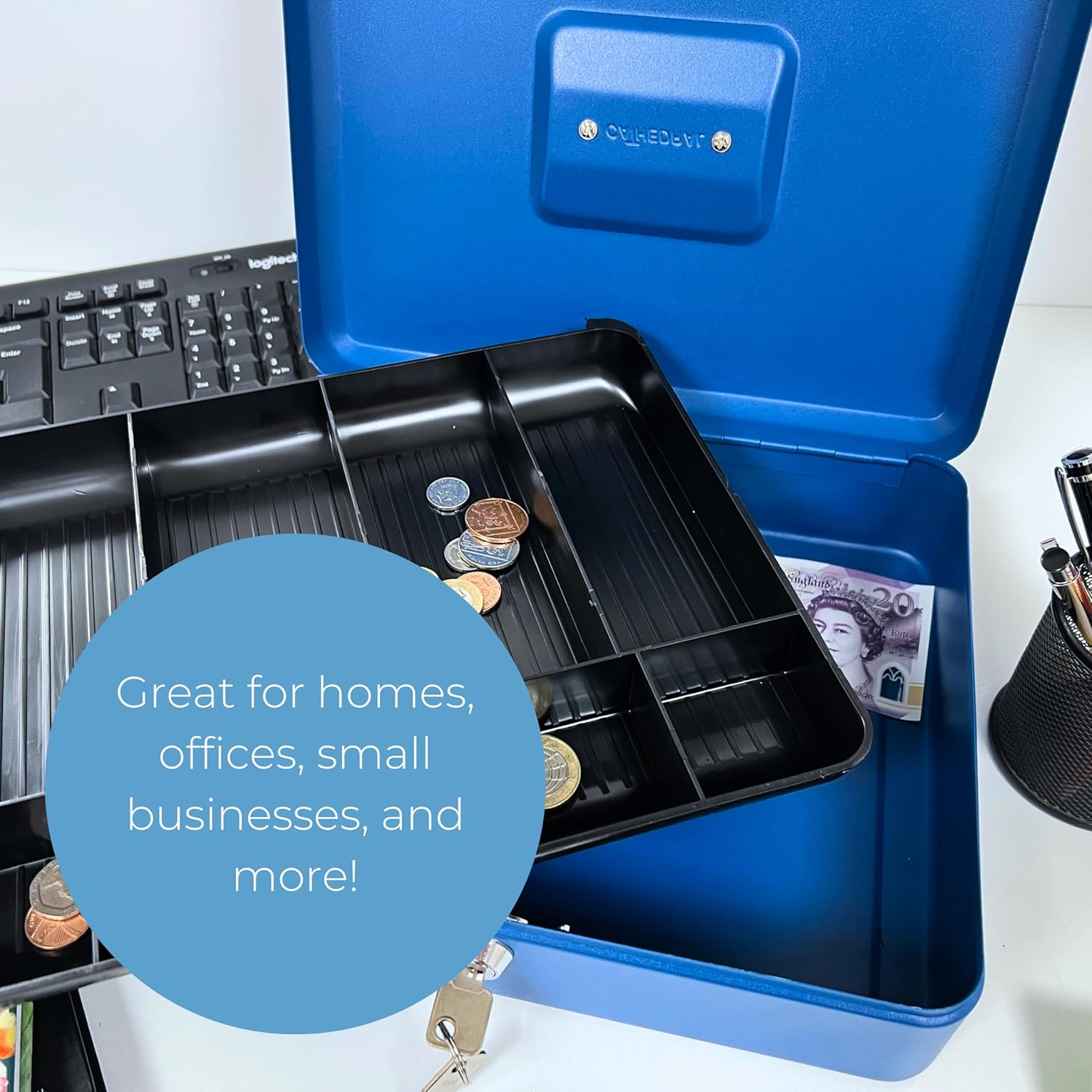 Cathedral Products Key Lockable Cash Box with Lift Out 6 Compartment Coin Tray - 6 Inch - Pink image number 6