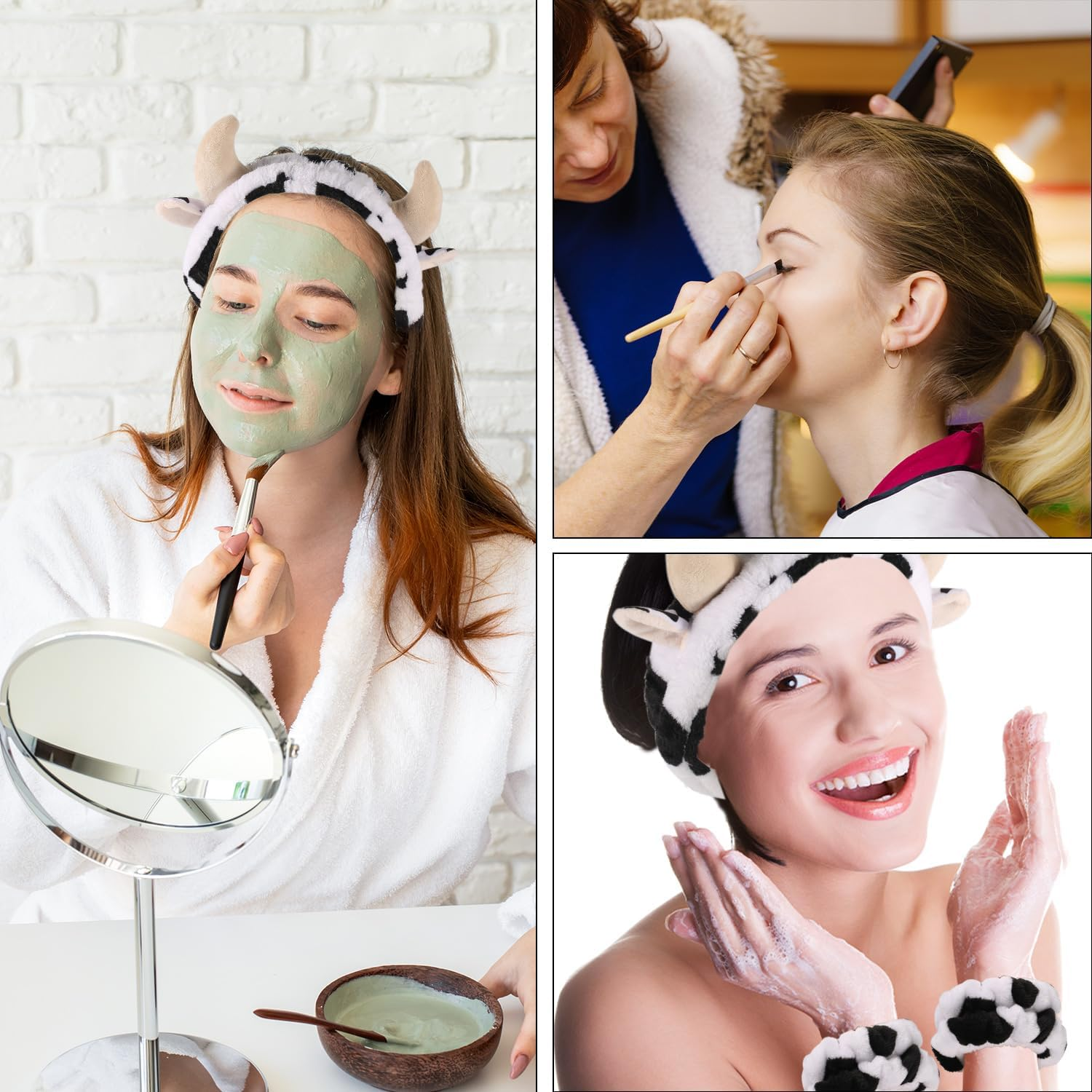 Lasuroa Cow Headband with 2Pcs Cow Print Wristband, Cute Cow Print Face Wash Headband Spa Makeup Hair Bands Facial Skincare Head Wraps for Women Girls Clothing Party Supplies Birthday Gifts image number 2