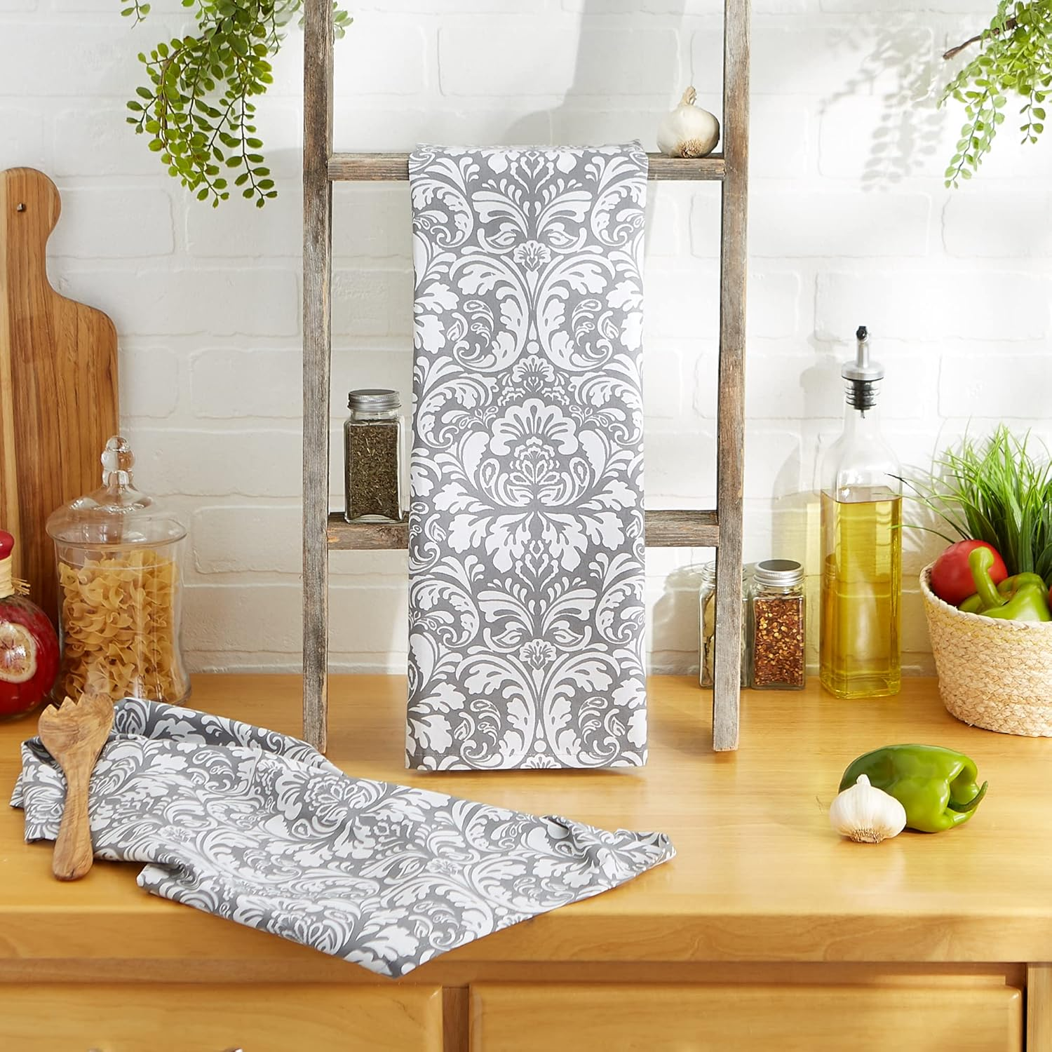 DII 100% Cotton, Everyday Basic Kitchen Dishtowel, Tea Towel, Drying, Damask Printed, 18 X 28 Set of 2- Gray - Eggplant image number 7