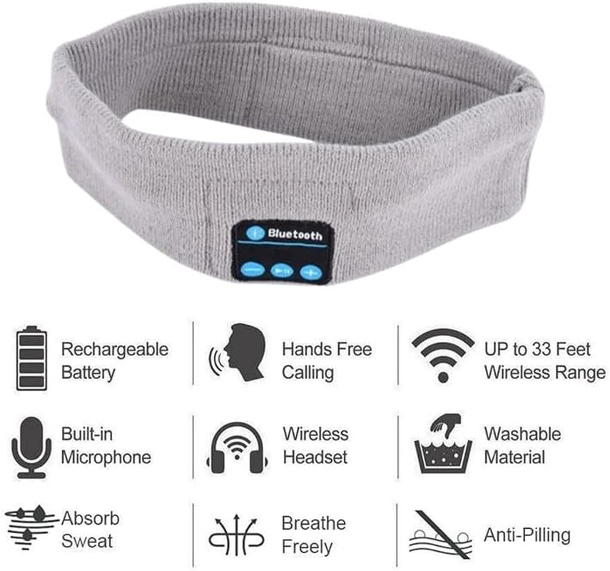 Leona Co Sleep Headphones Bluetooth Stereo Headband, Sports Wireless Earphones Music Sleeping Eye Mask Earbuds with Mic for Mom Women Teen Running Cool Gadgets Unique Gifts (Light Gray)