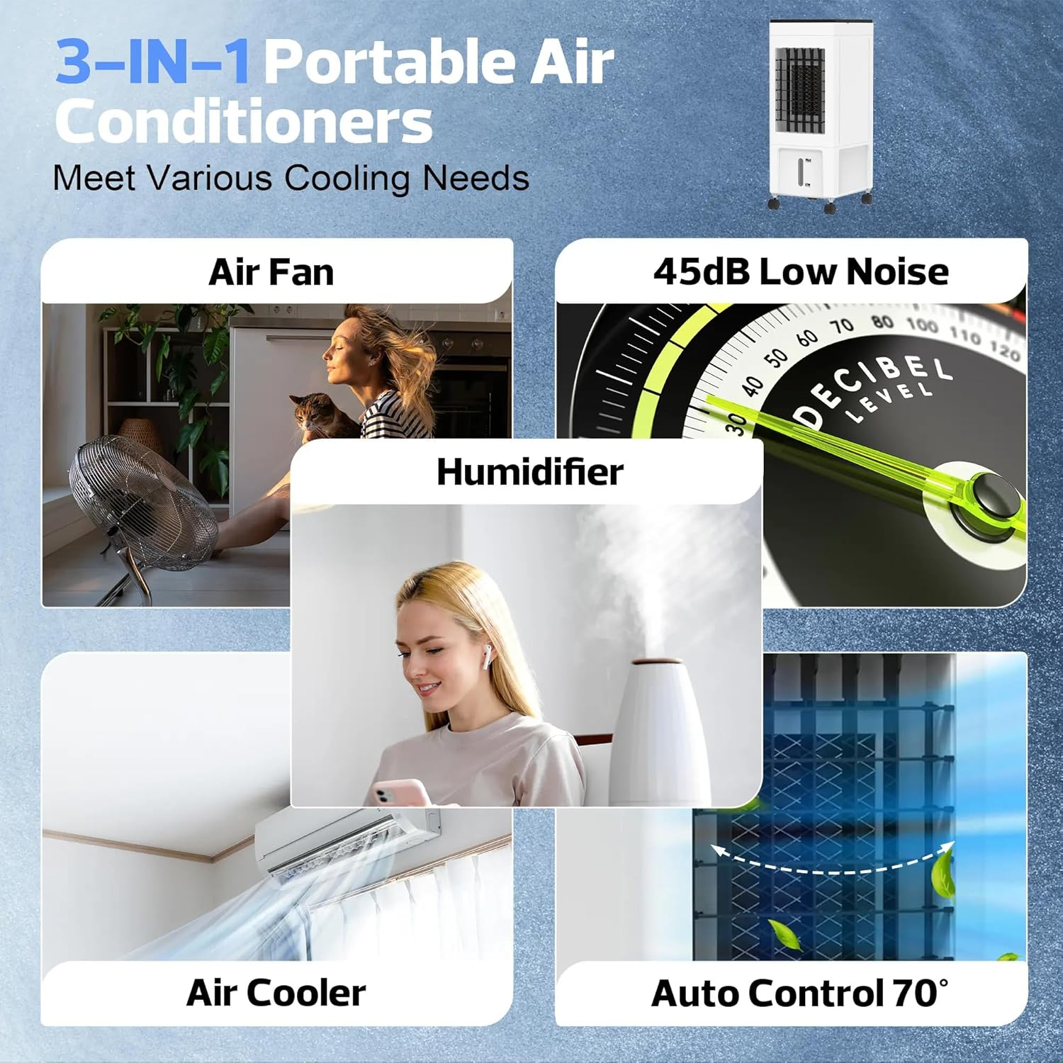 Advwin Evaporative Air Cooler, 3 in 1 Portable Air Cooler Fan with 8L Water Tank, 4 Ice Crystal Box, 3 Speed for Bedroom Home Office image number 6