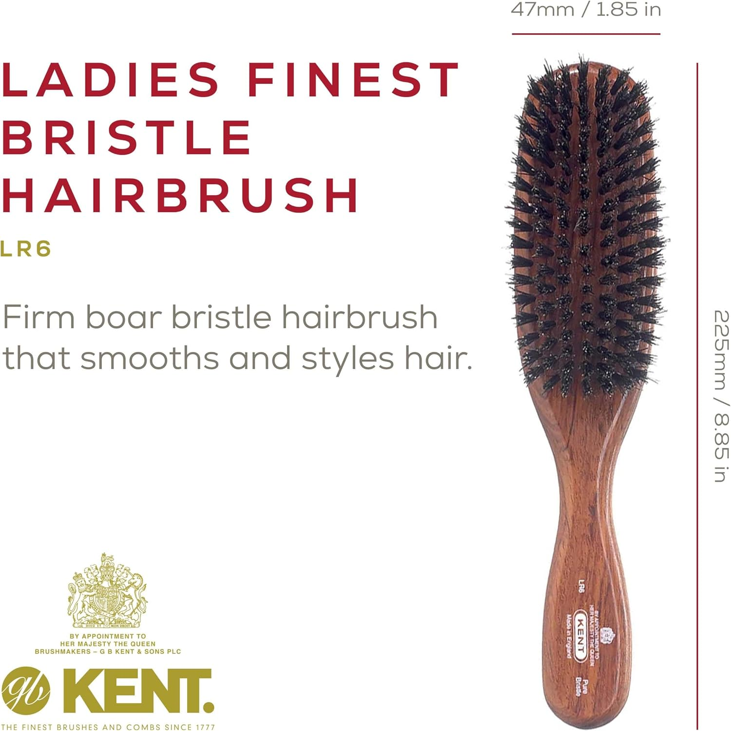 Kent LR6 Finest Dark Wood Styling Hair Brushes for Women - Natural Black Boar Bristle Hairbrush for Medium to Thick Hair of All Lengths - Dry Brush for Styling, Straightening, and Stimulating Oils image number 6