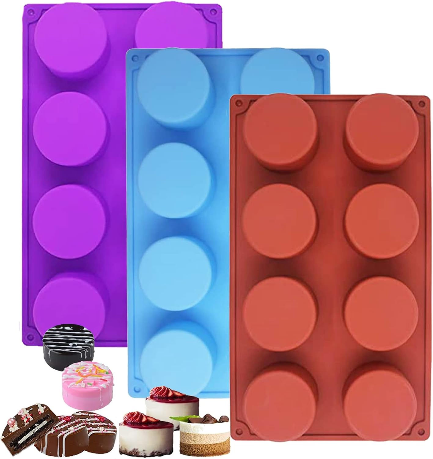 8-Cavity round Silicone Molds, 3 Pack Large round Silicone Baking Molds, Non-Stick Cookie Mold for Baking Cake/Chocolate/Muffin/Cupcake/Brownie/Pudding Jello/Candy/Handmade Soap image number 1