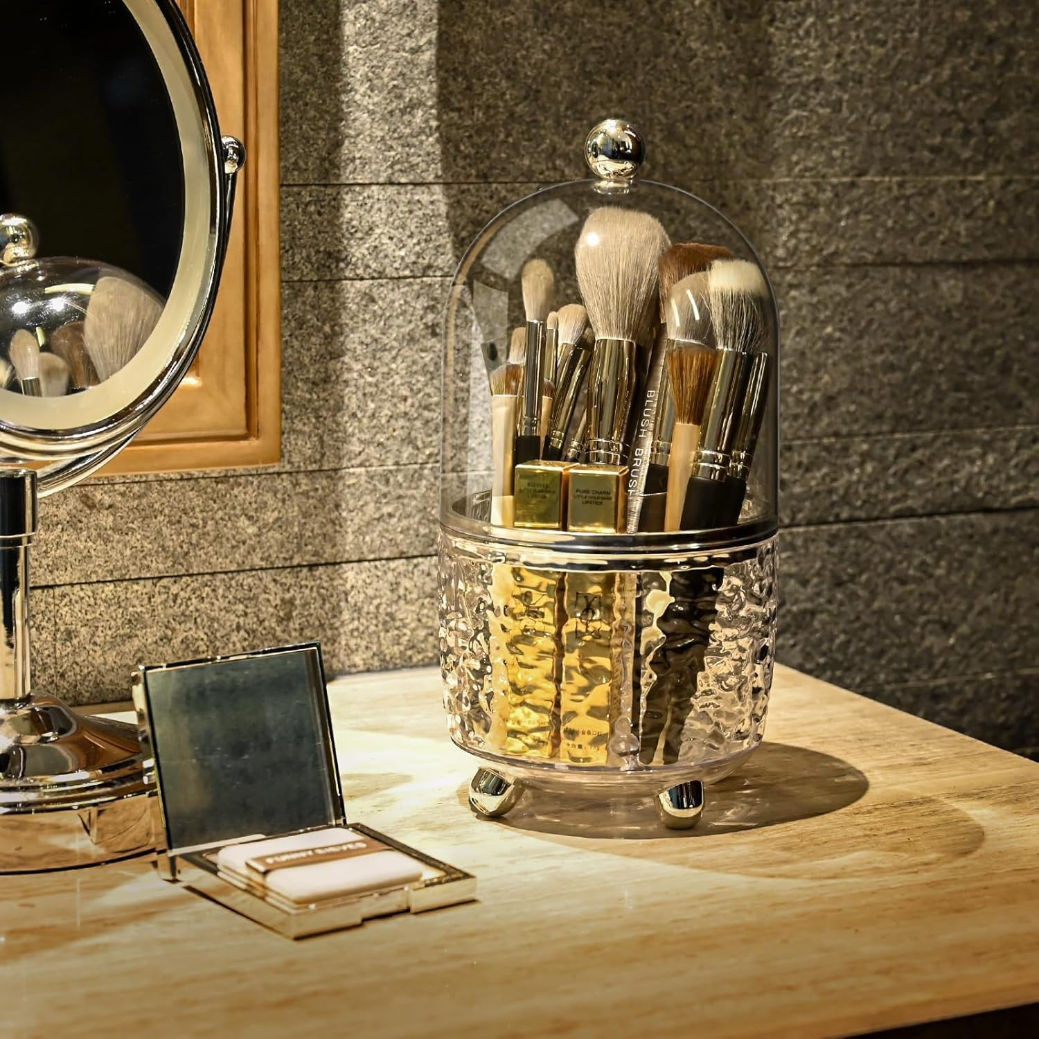 Makeup Brush Holder with Lid Cosmetic Tools Organizer 360 Rotating Make up Brushes Storage for Vanity, Waterproof & Dustproof (Clear) image number 6