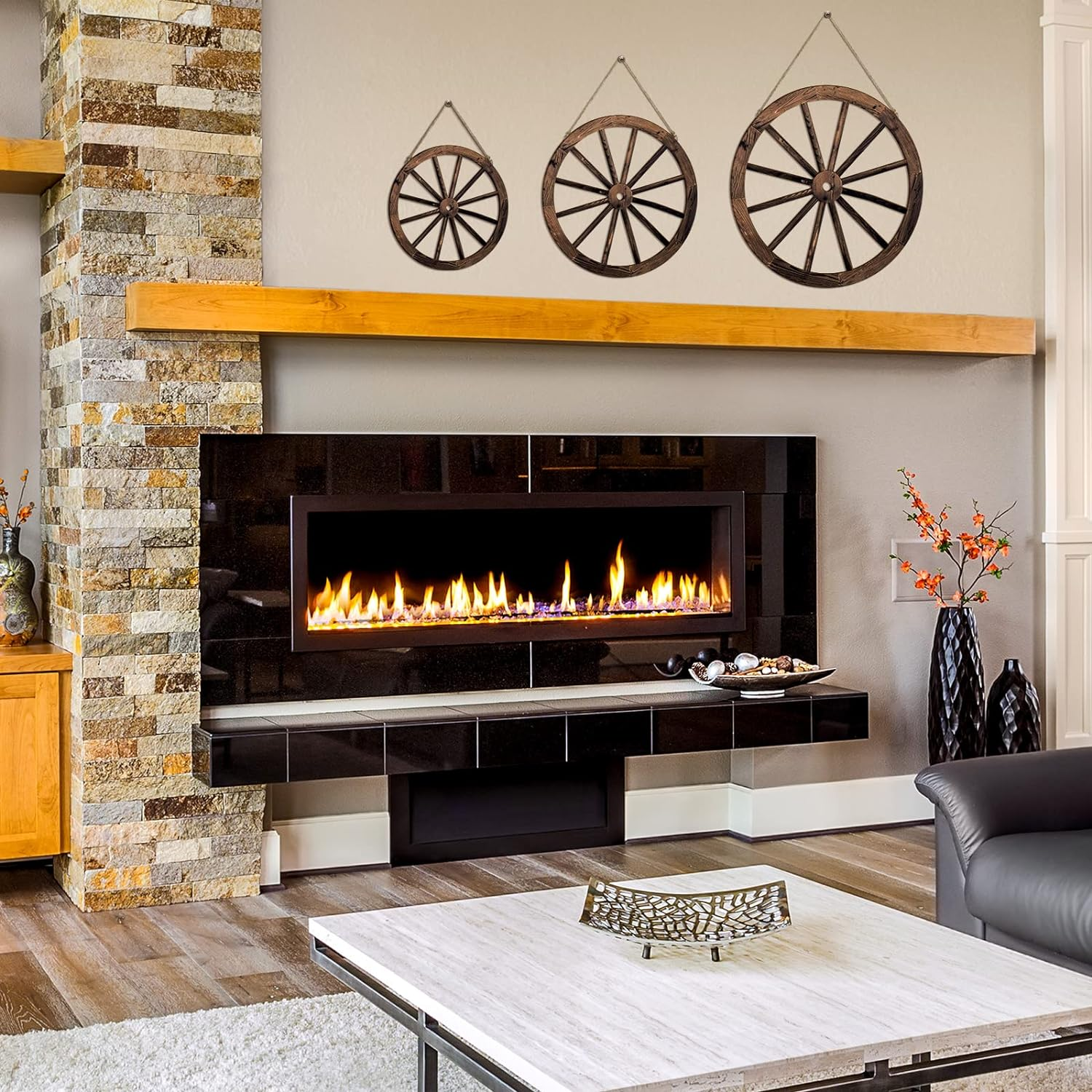 Qunclay 3 Pcs Wooden Wagon Wheel Decor 12/10/8 Inch Old Western Wall Decor Farmhouse Wagon Wheels Rustic Yard Hanging Decorative Art for Garden Home Bar Garage(Dark Brown) image number 3