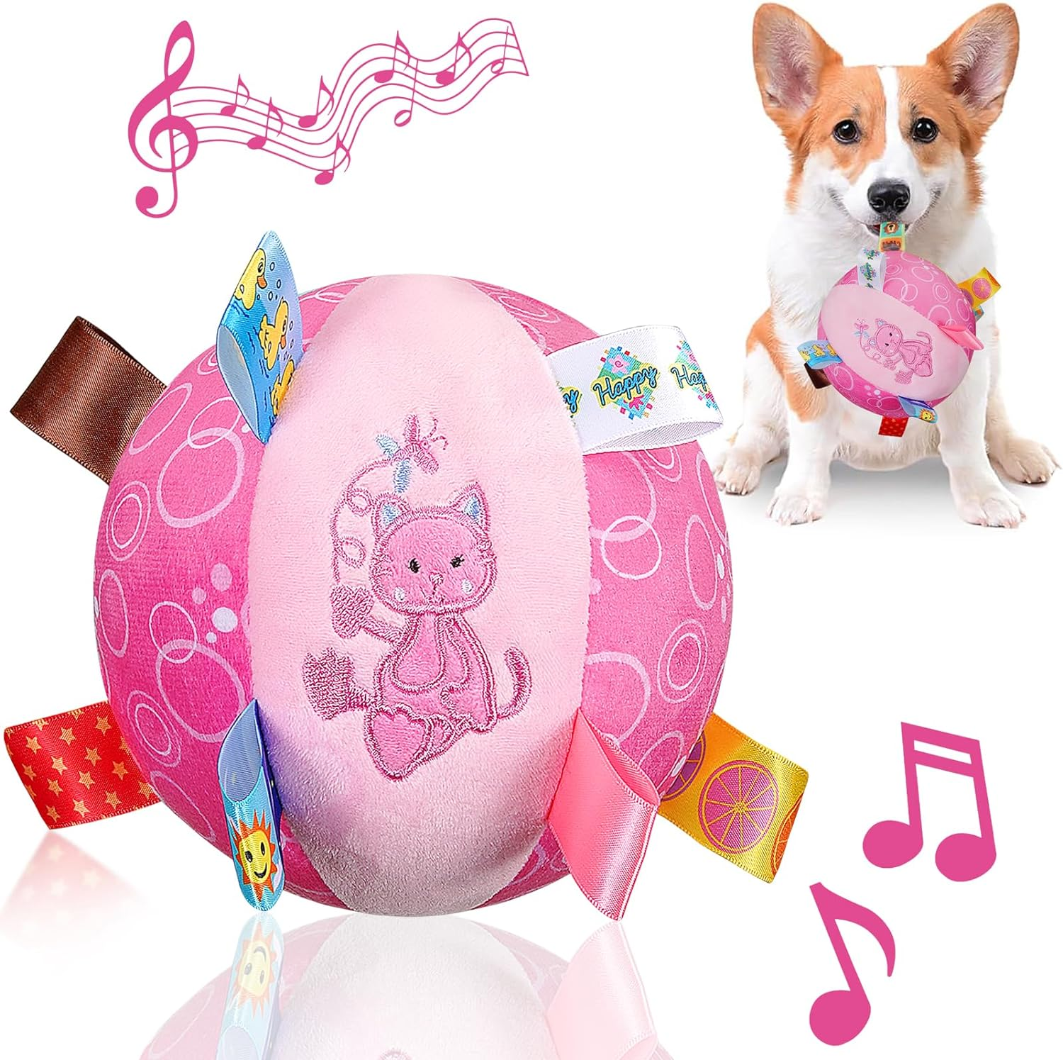 Dog Squeaky Plush Toy with Straps, 6-Inch Soft Stuffed Ball with Cotton Material and Bell Built-In, Pet Interactive Fetch Toy for Small to Large Dog